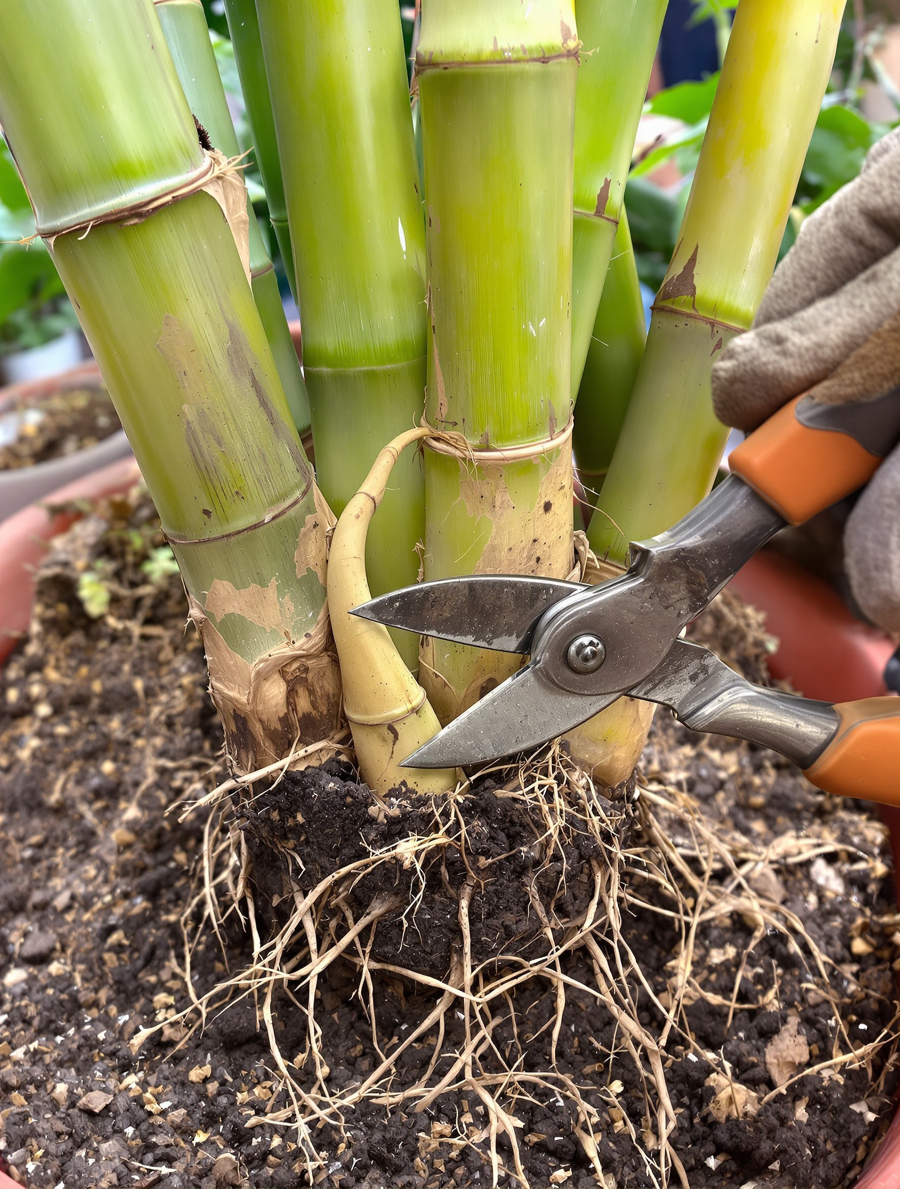 Plan serré sur bambou en pot, rhizomes visibles, main gantée coupant un rhizome.
