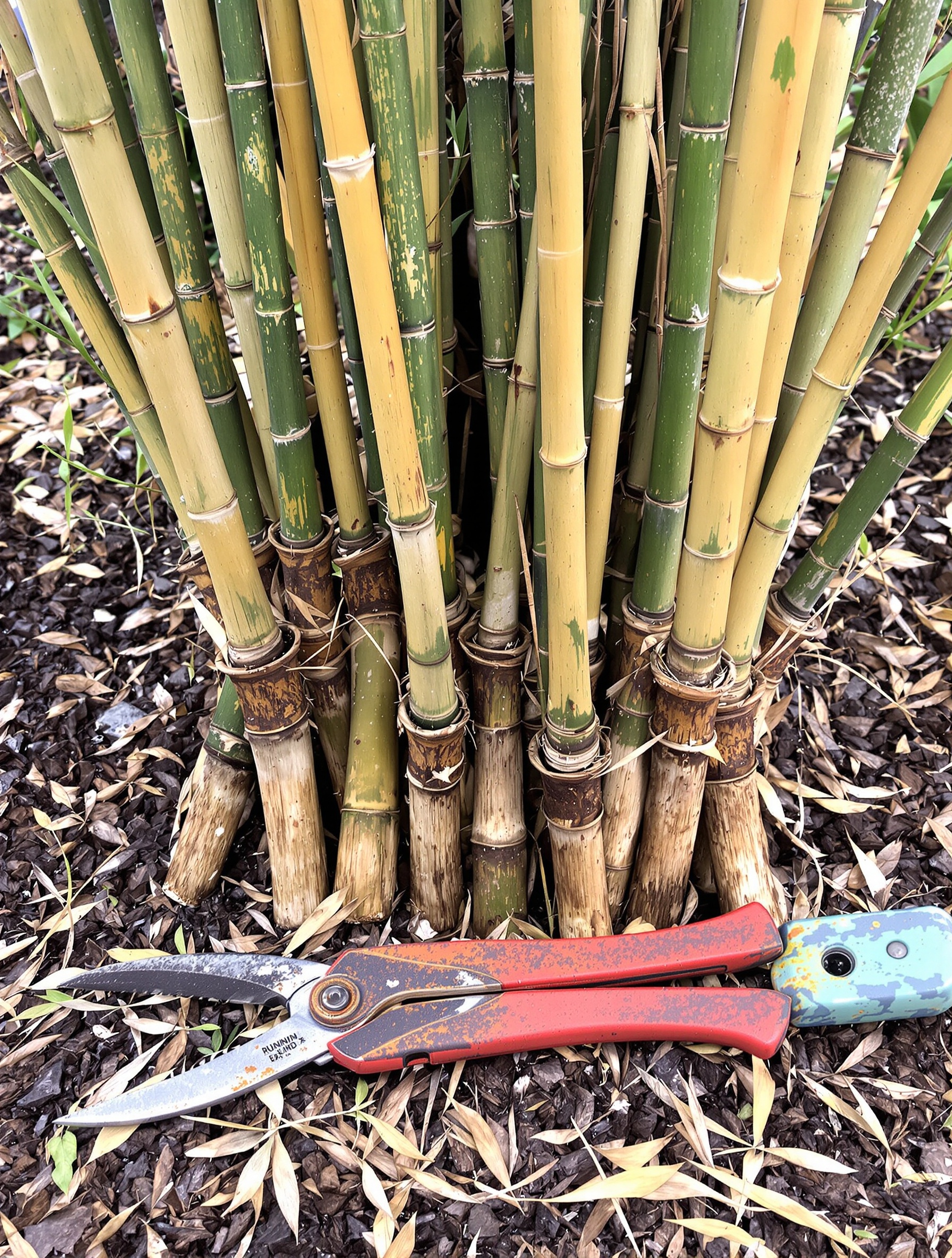 Taille bambou traçant et non-traçant en fin d’hiver, sécateur rouillé, détail base des chaumes