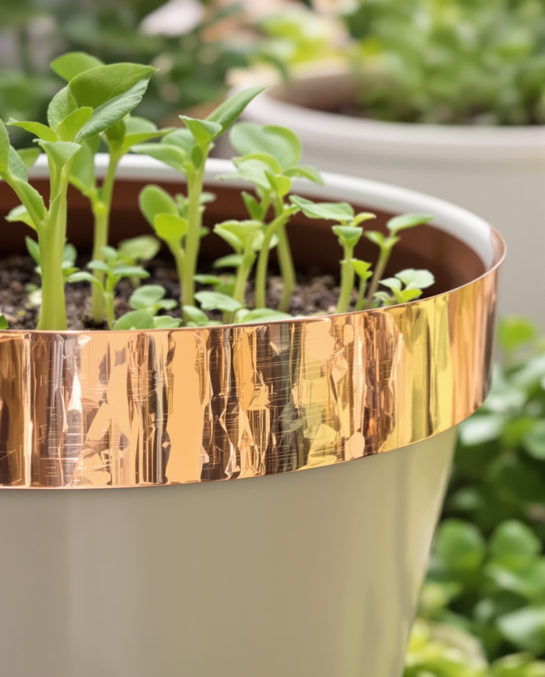 Ruban en cuivre autour d'un pot de fleurs pour barrière anti-limaces