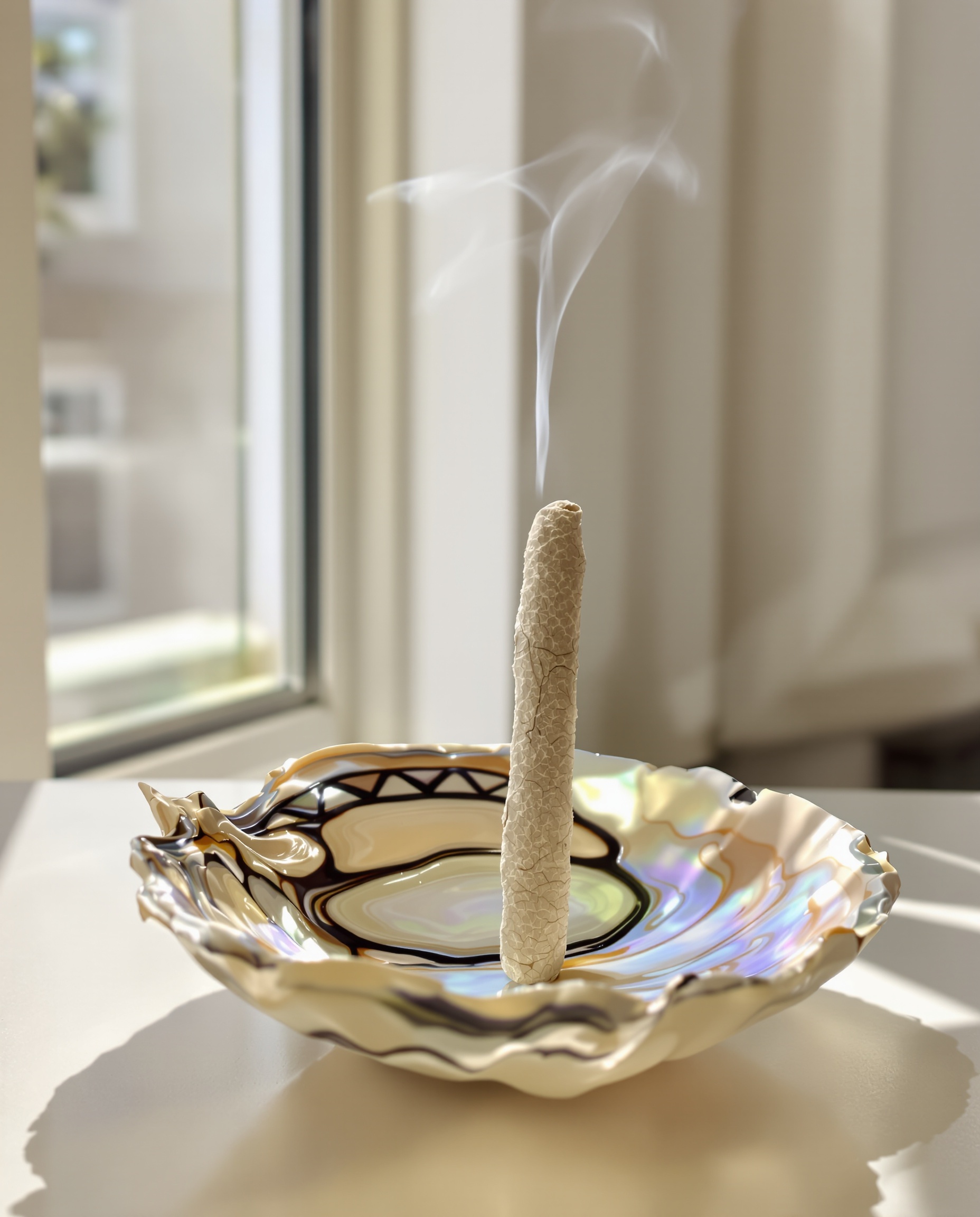 Bâton de sauge blanche allumé au dessus d’une coquille d’ormeau, fenêtre grande ouverte