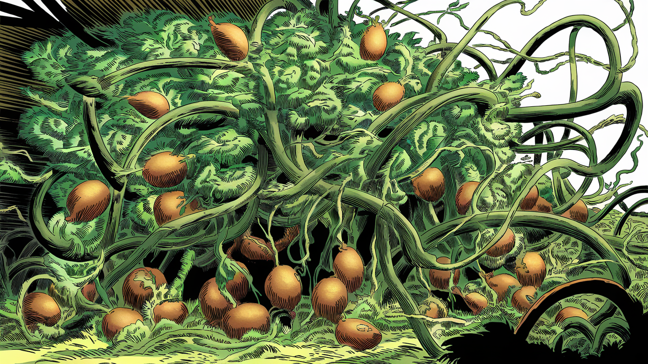 illustration style BD : un plant de kiwi transformé en jungle inextricable après plusieurs années sans taille, avec des fruits invisibles sous la masse végétale