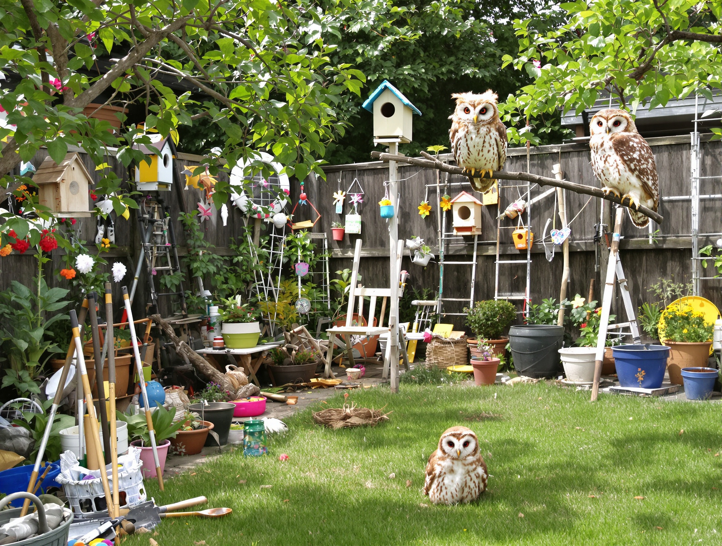 Une personne amusée observe une jeune chouette hulotte posée sur une pelouse désordonnée tandis que deux adultes surveillent depuis une branche avec un air désapprobateur.