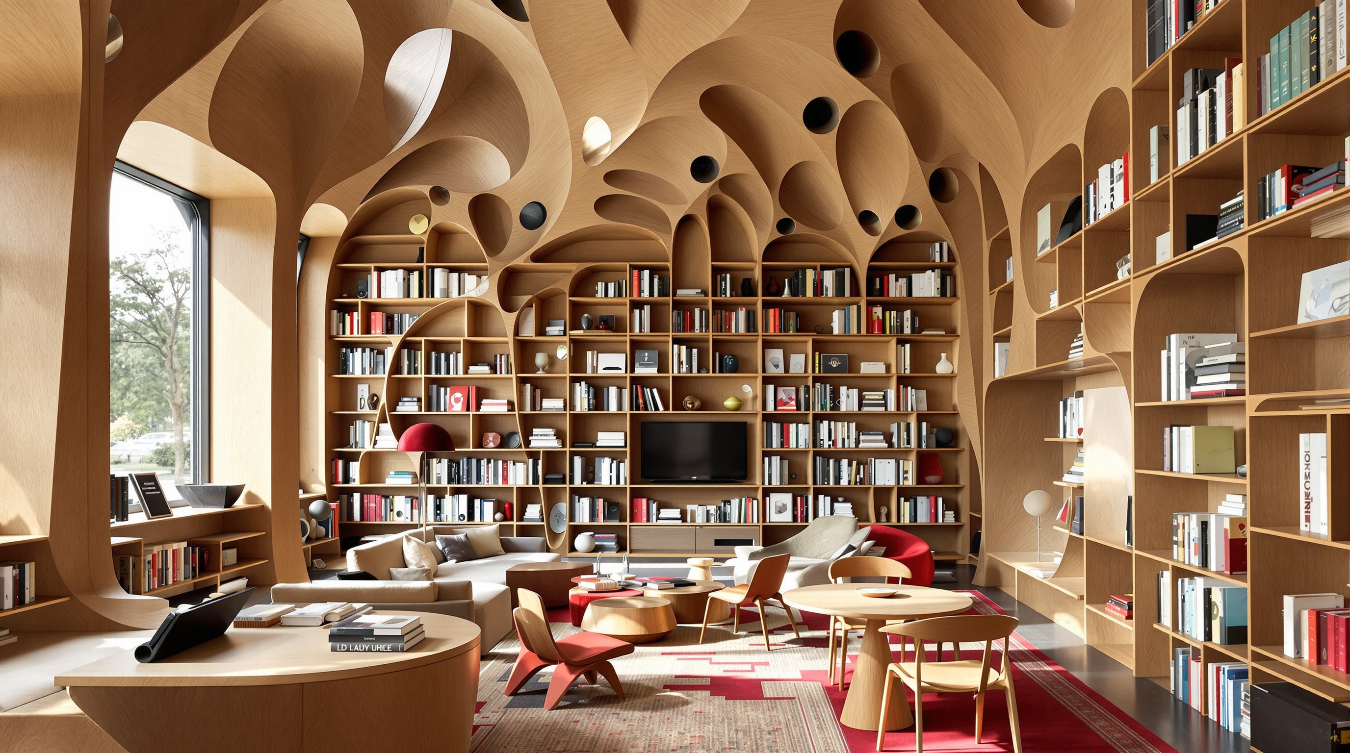 bibliothèque italienne ultra contemporaine, bois artisanal et formes sculpturales audacieuses