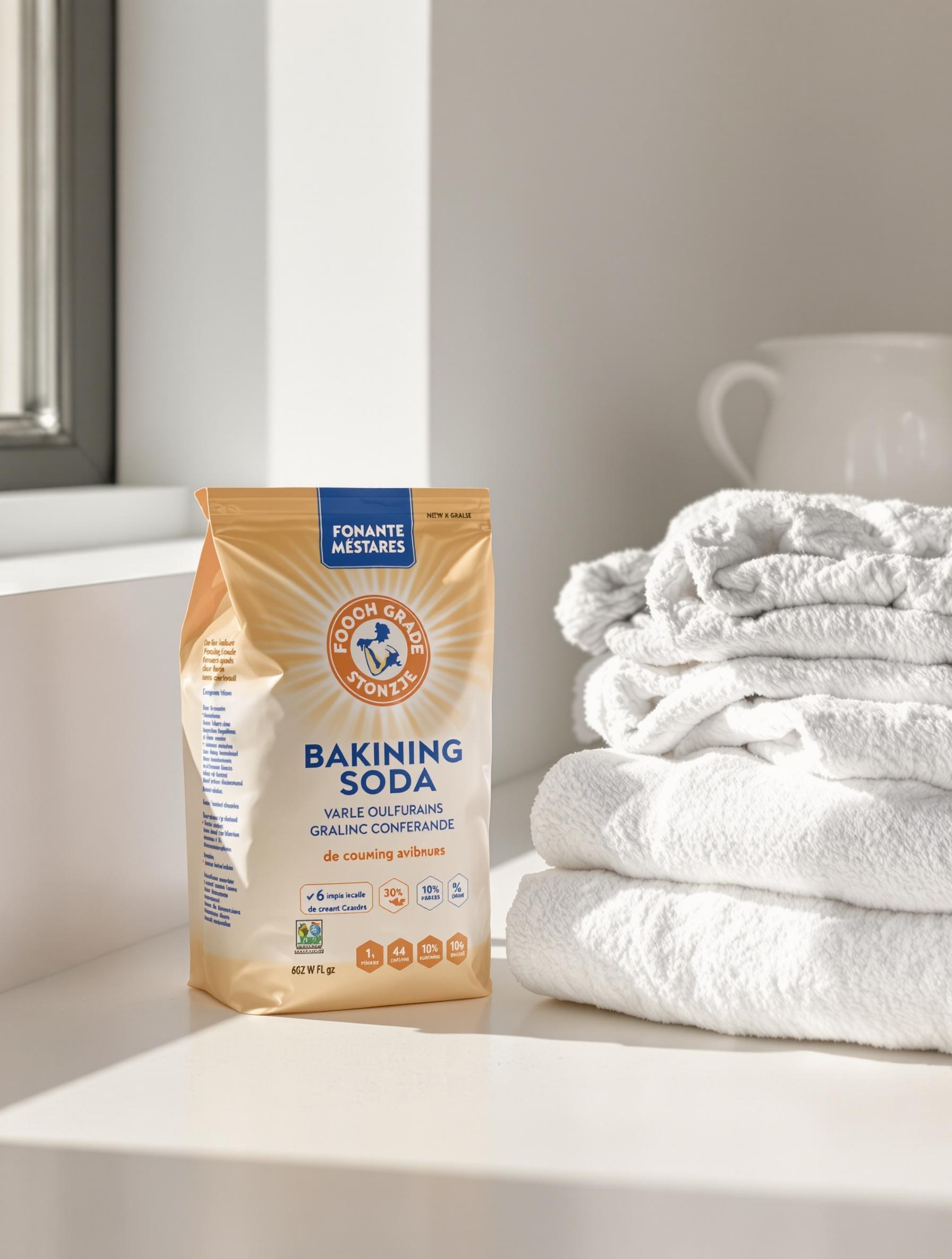 Pot de bicarbonate de soude alimentaire à côté de linge blanc