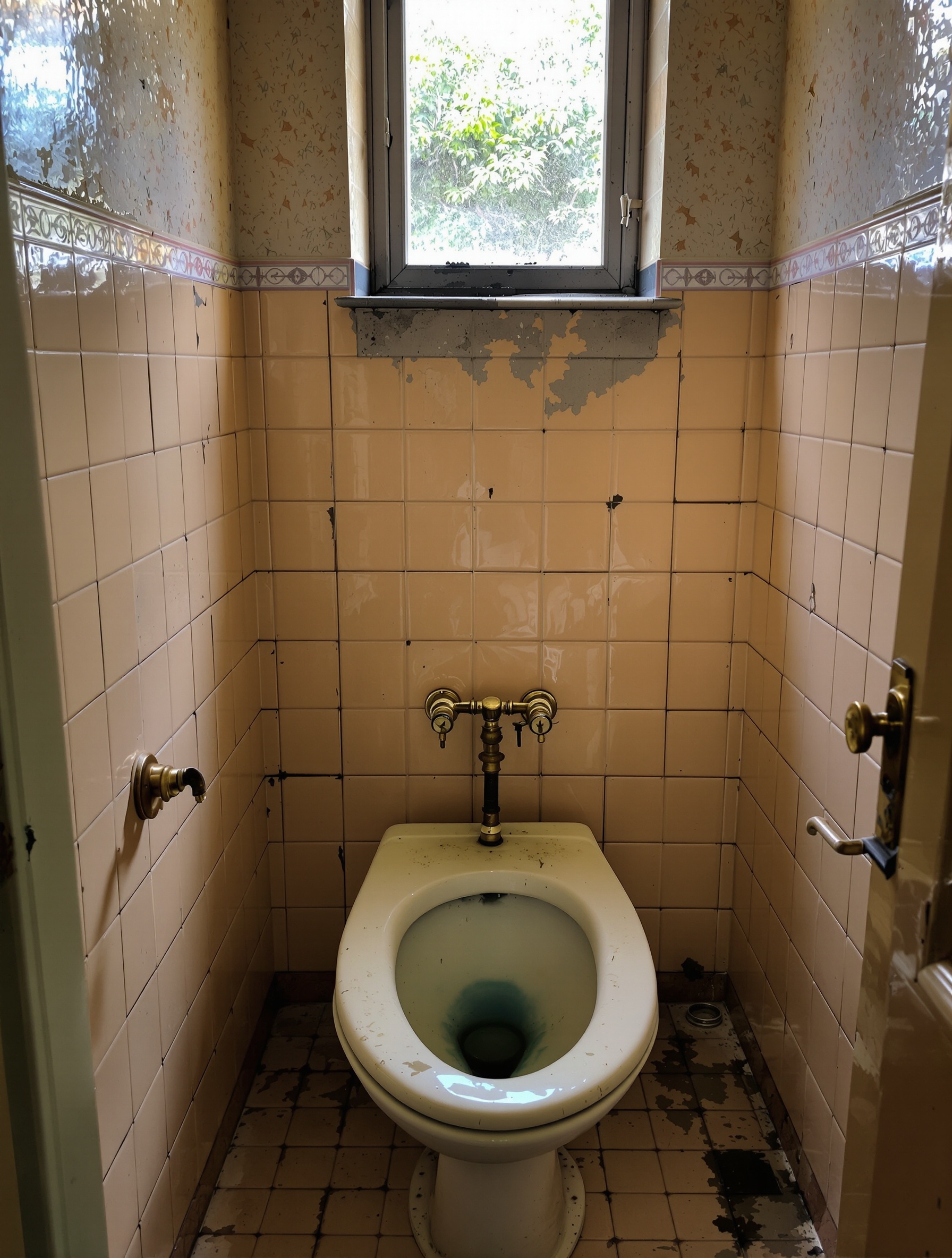 Un bidet ancien abandonné dans une salle de bain exiguë