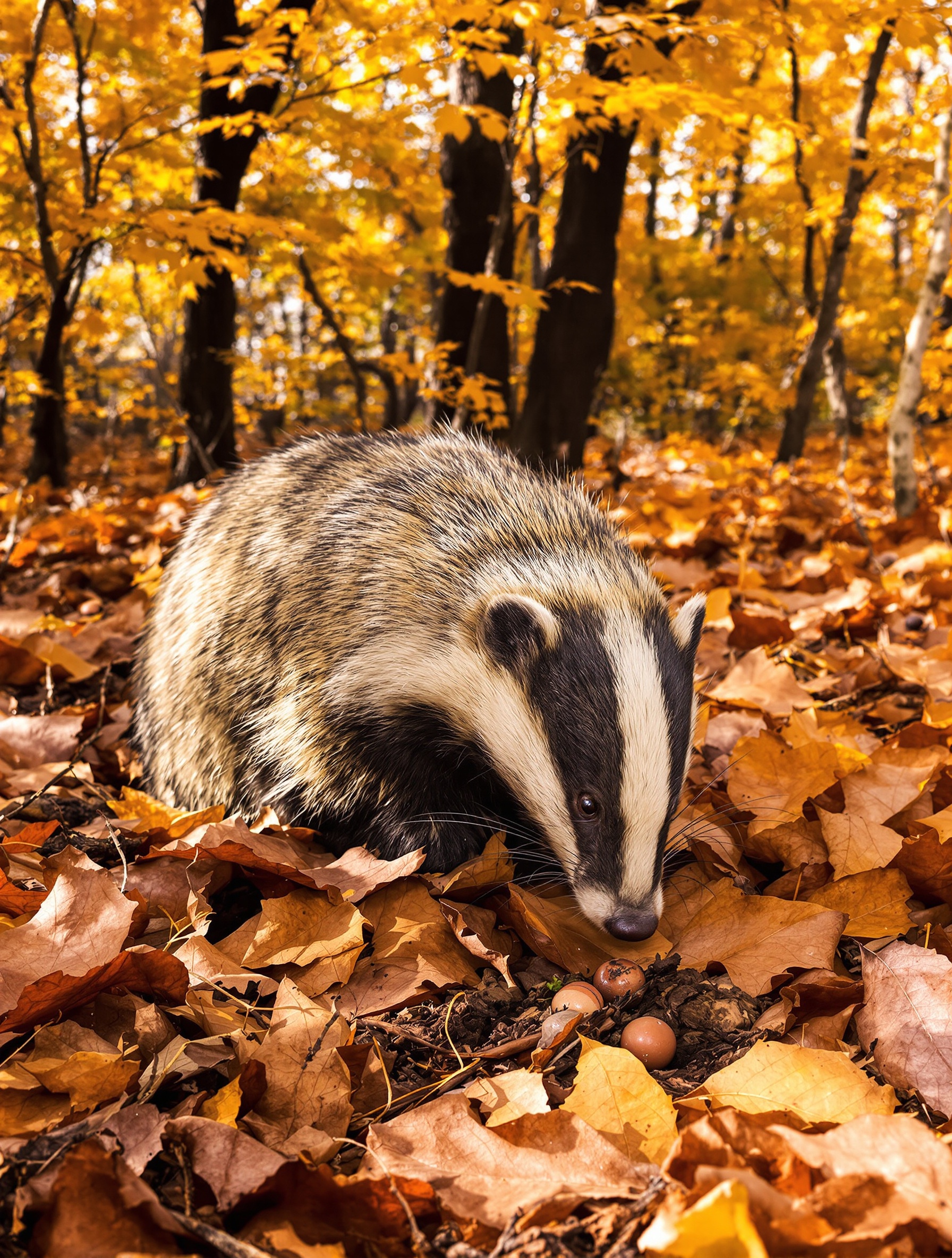Blaireau accumulant des réserves automnales: glands, noix, fouilles dans les feuilles mortes.
