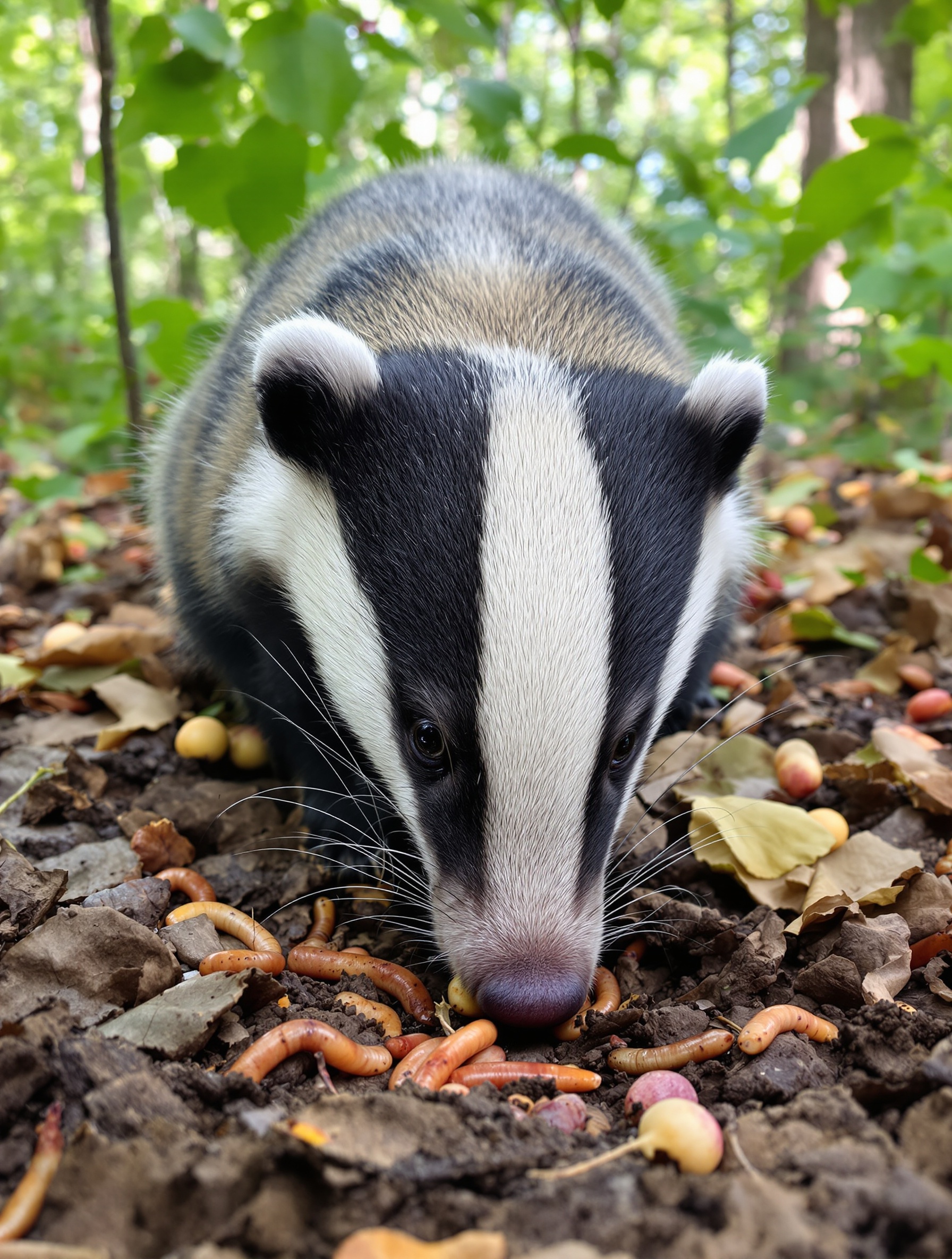 Blaireau dans un sous-bois illustrant la diversité de son alimentation.