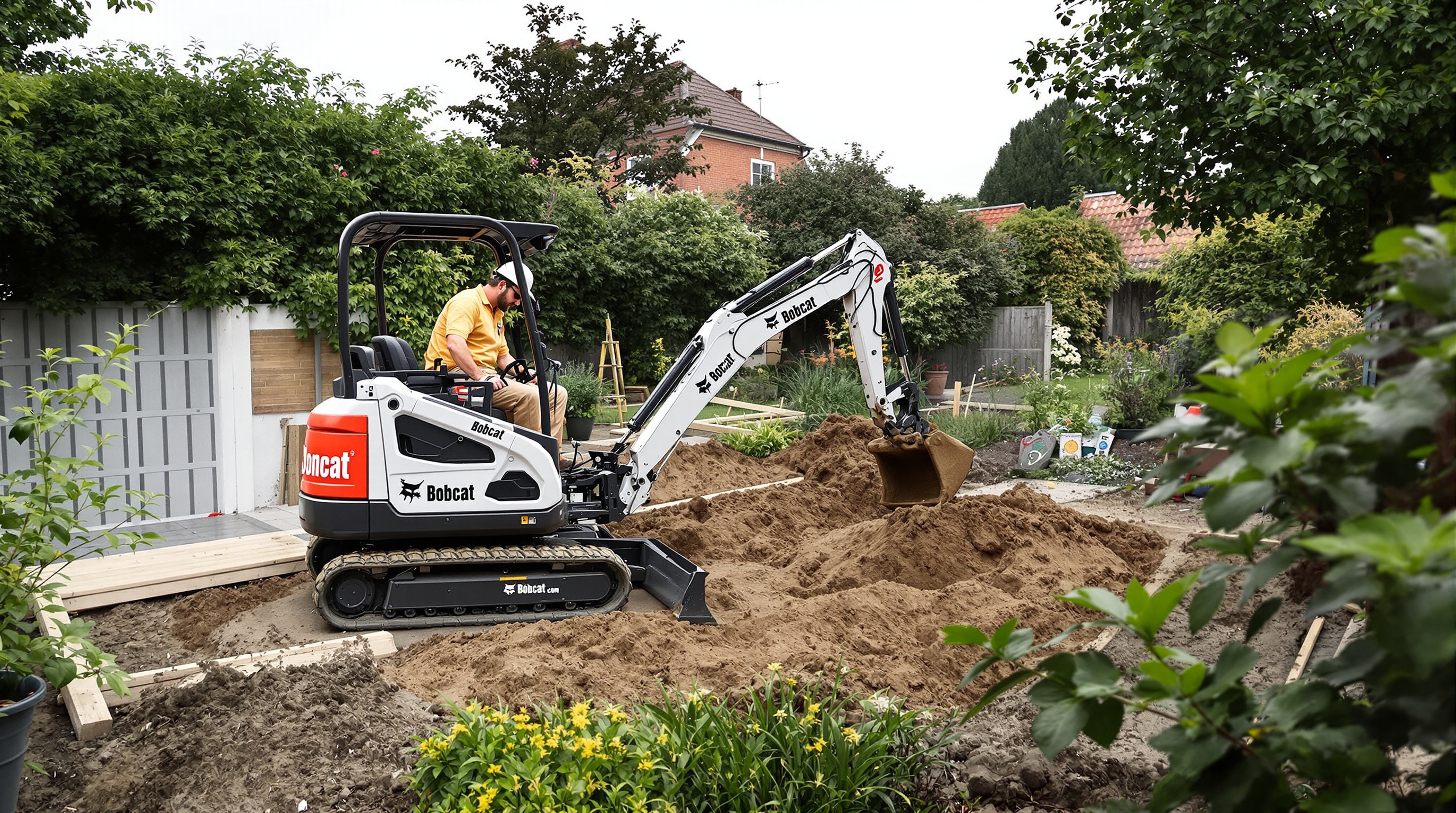 Une mini-pelle Bobcat s'affaire à creuser les fondations d'une future extension de garage dans un jardin résidentiel, permettant au propriétaire de gérer le chantier lui-même. On voit des outils posés, des matériaux prêts à l'emploi, la végétation autour et un ciel nuageux.