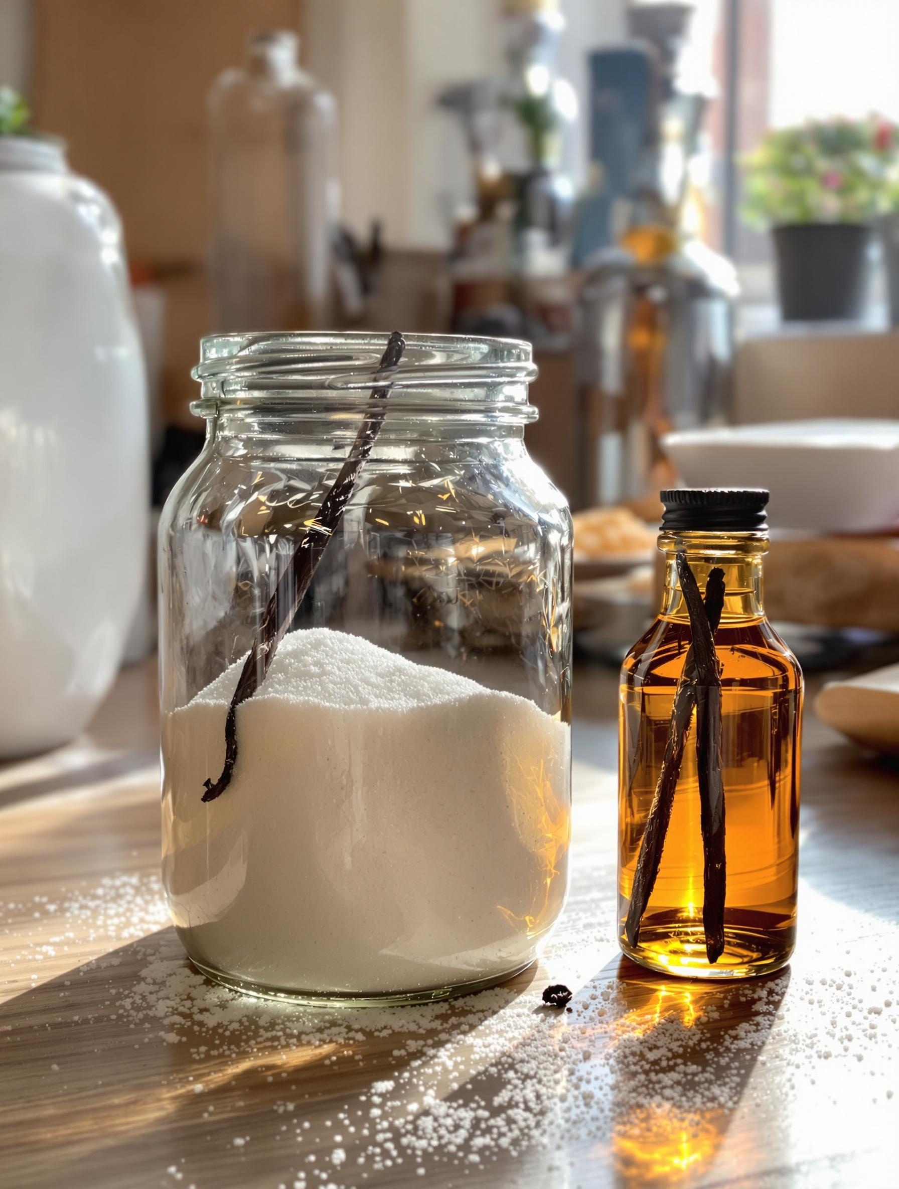 Bocal de sucre avec gousse de vanille maison, flacon de rhum arrangé à la vanille