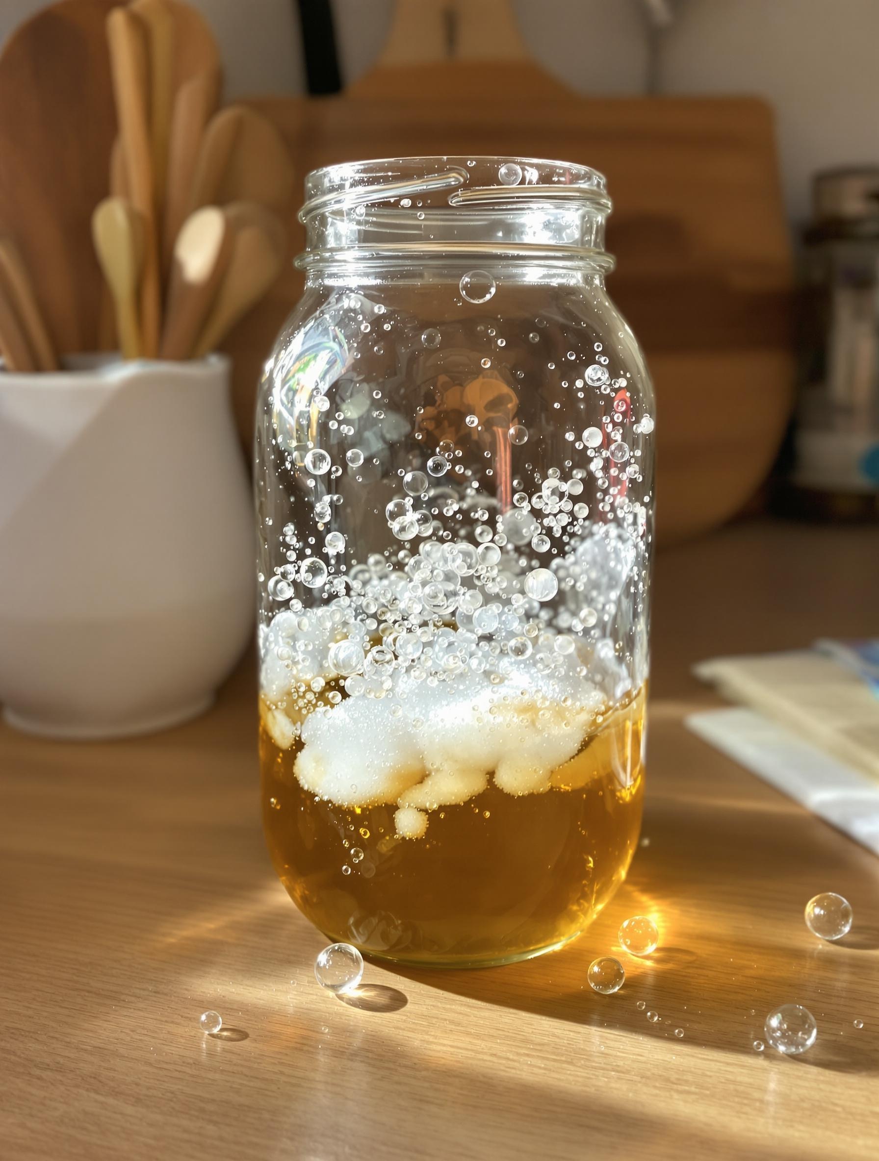 Bocal contenant un mélange de vinaigre de cidre et savon pour piéger les mouches
