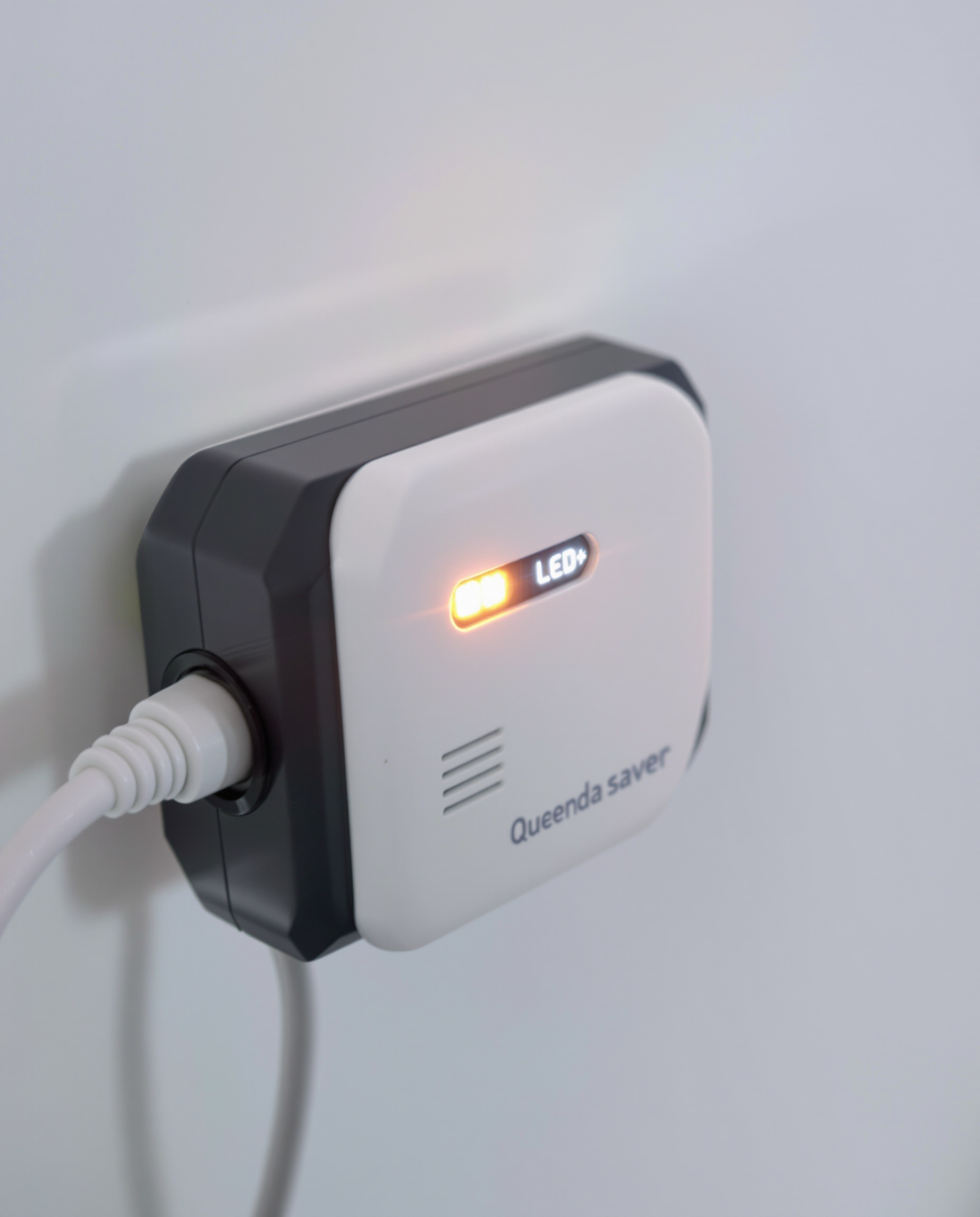 Boîtier économiseur d'énergie bas de gamme branché sur une prise murale avec LED allumée