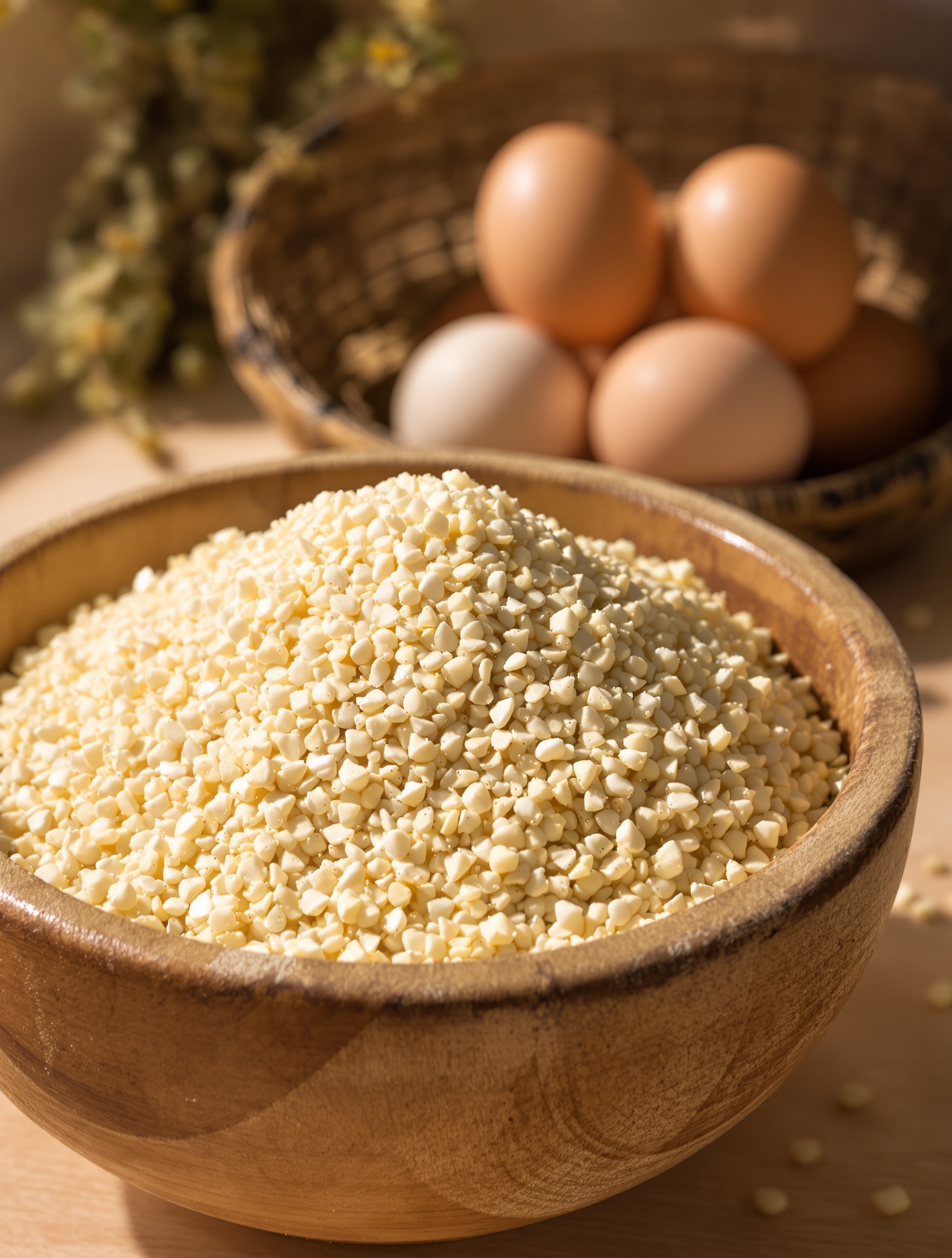 Bol rempli de coquilles d'œufs broyées prêt à être donné aux poules