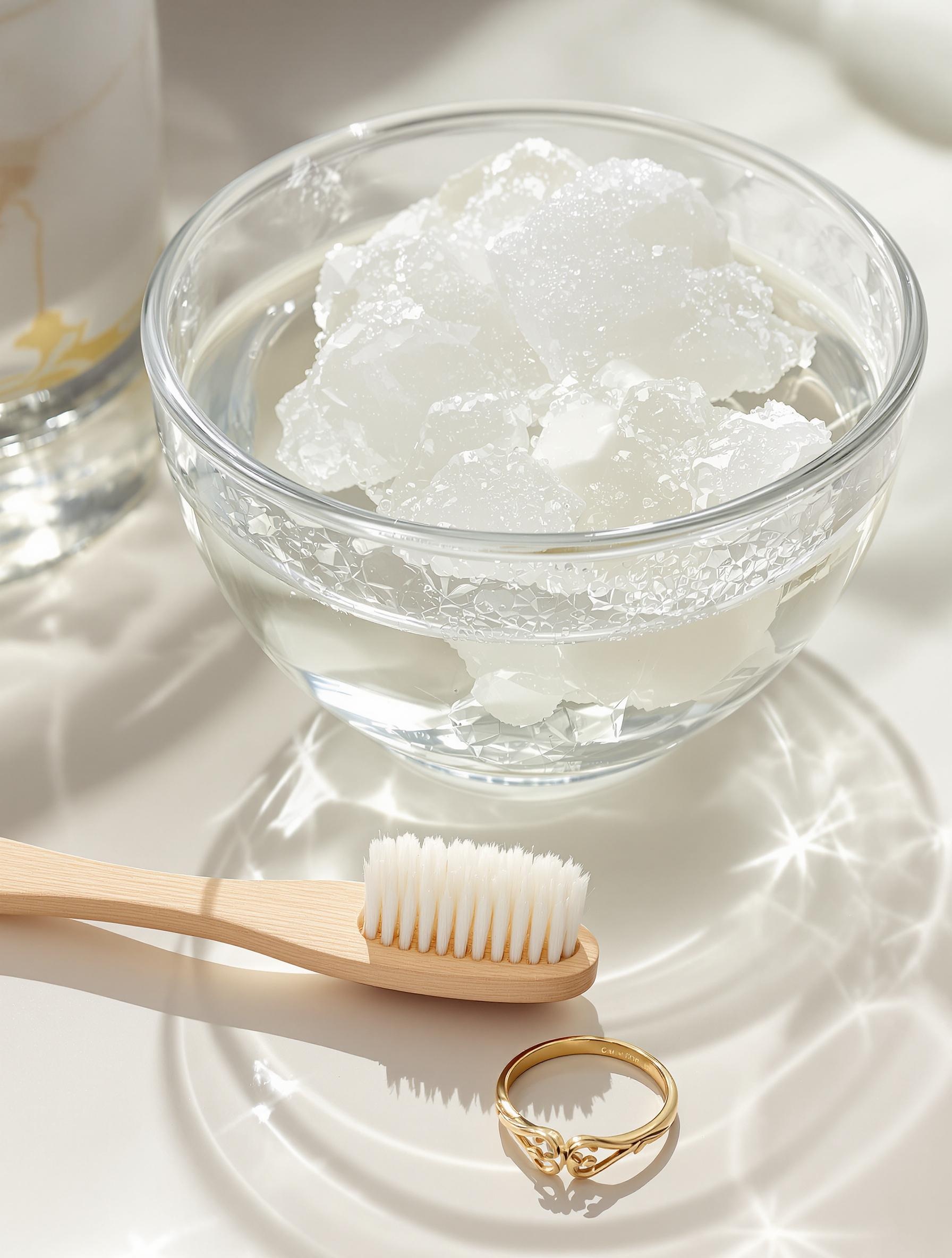 Bol d'eau tiède avec savon de Marseille et brosse à dents souple pour nettoyer un bijou en or.