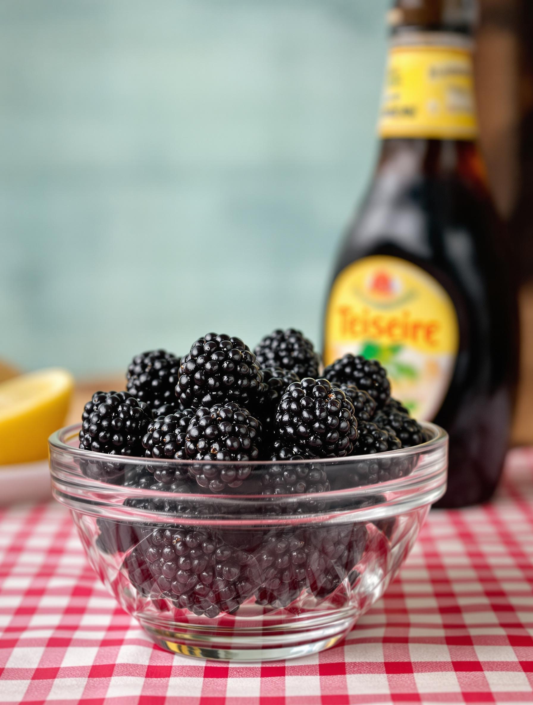 Bol de mûres de platane noires posé sur une nappe rétro, avec un flacon Teisseire en arrière-plan.