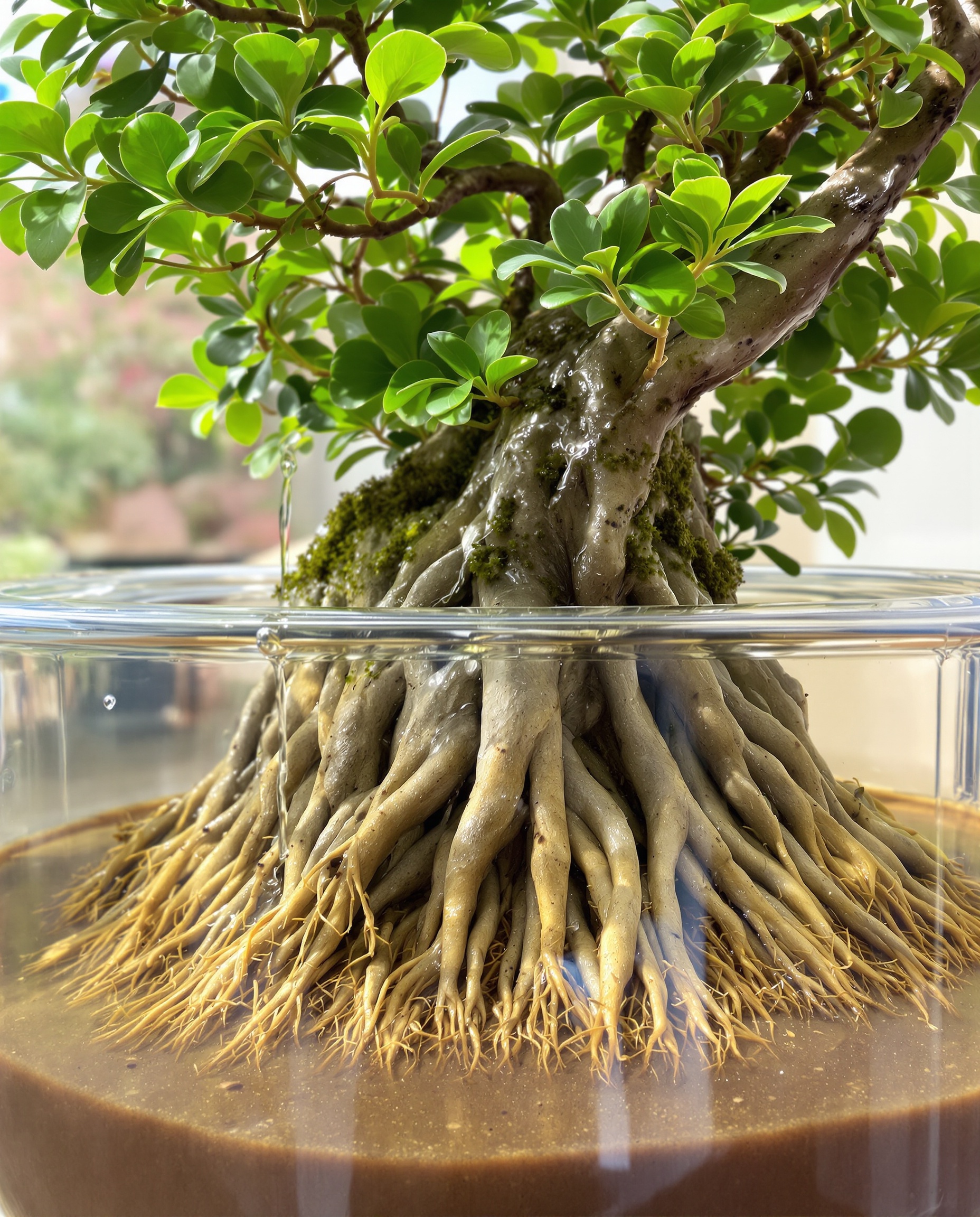 Un bonsaï en pleine santé subissant un arrosage par immersion dans un bassin d'eau, illustrant la bonne technique pour hydrater le substrat en profondeur.