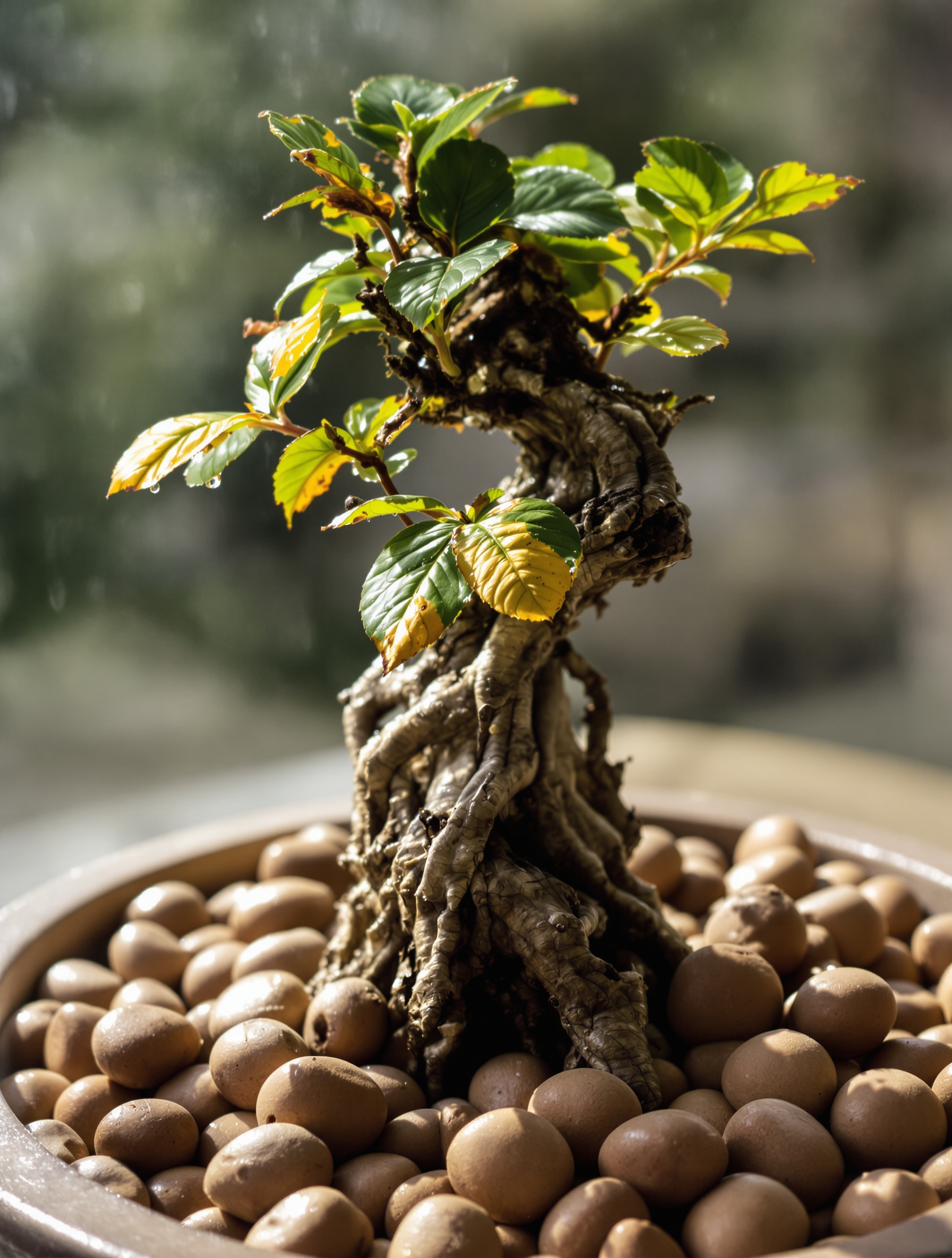 Un bonsaï en détresse entouré de billes d'argile humides et avec des signes d'arrosage incorrect.