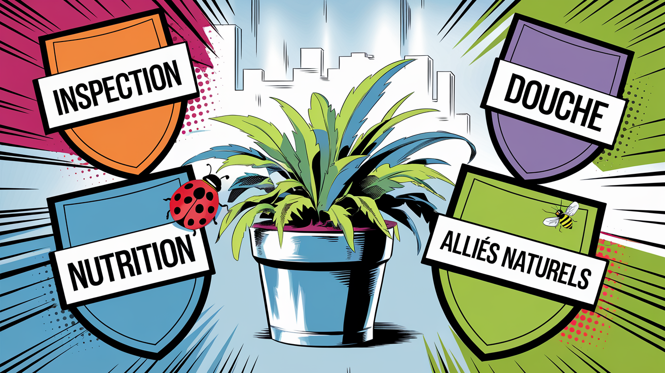 Illustration comics – quatre boucliers Inspection Douche Nutrition Alliés naturels autour d’une plante urbaine