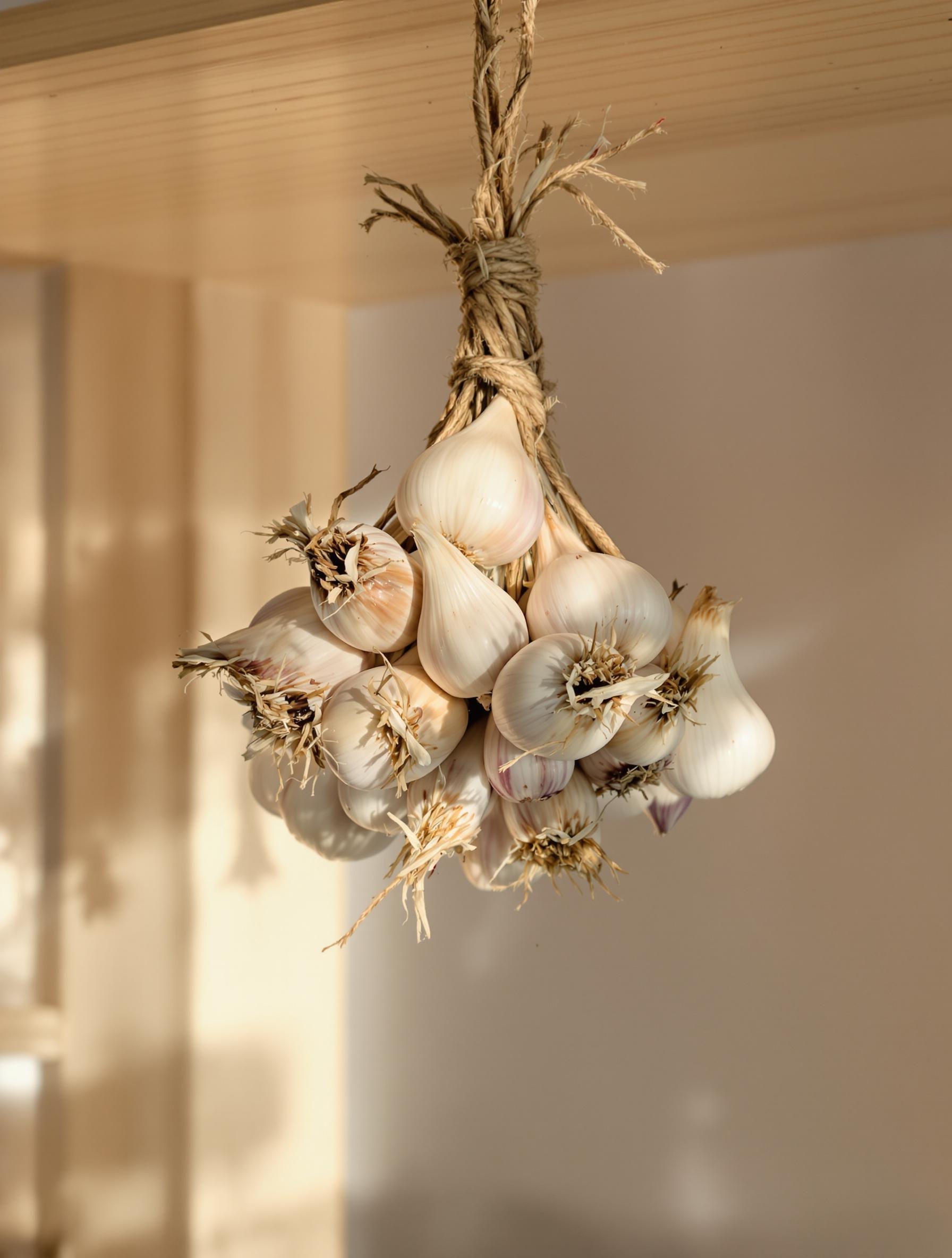 Un petit bouquet d’ail et clous de girofle suspendu dans un placard.
