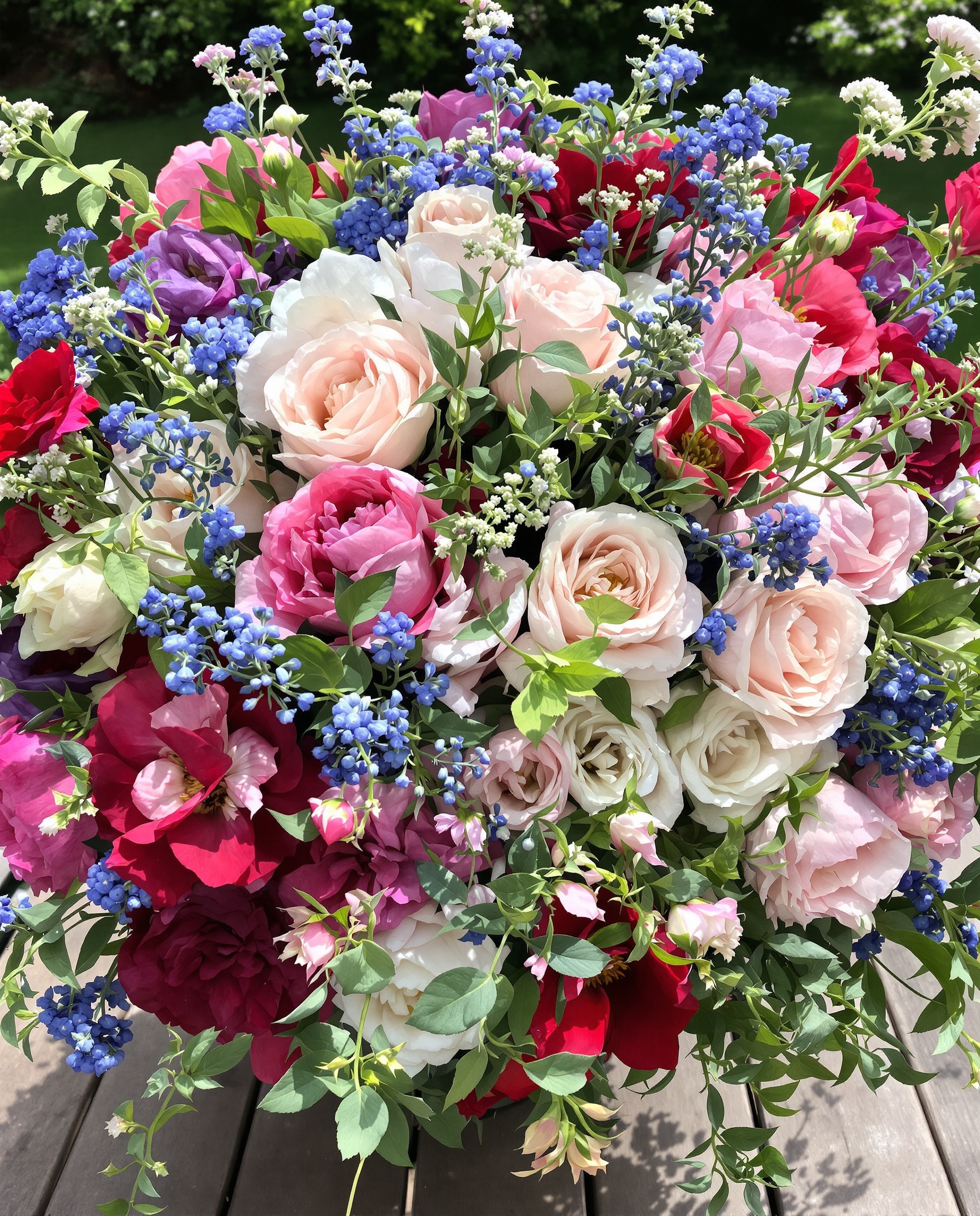 Bouquet luxuriant, sauvage, mélangeant roses anciennes, pivoines pâles, bleuets et coquelicots, ambiance jardin en friche