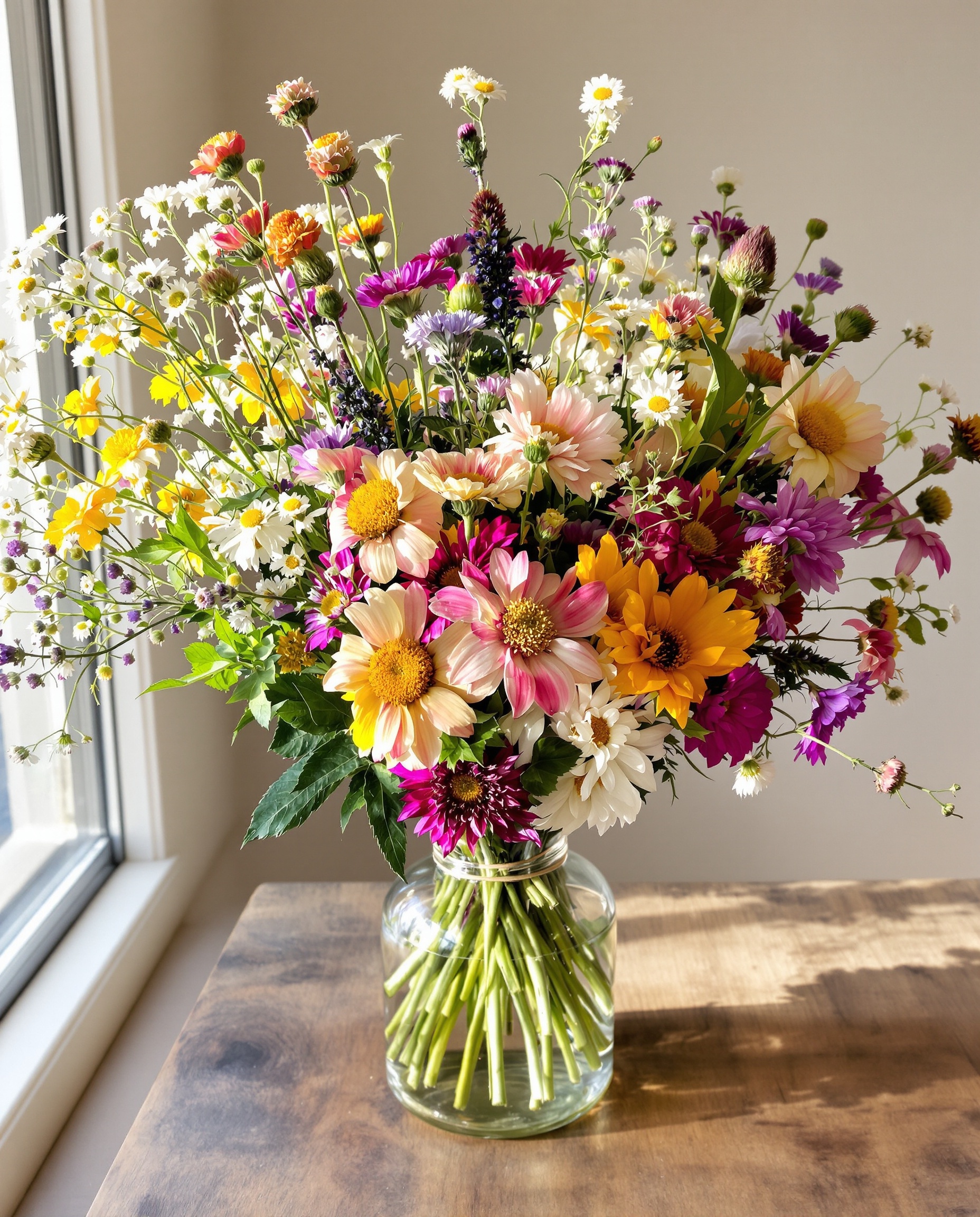 Bouquet de fleurs sauvages bohème désorganisé sur une table en bois brut