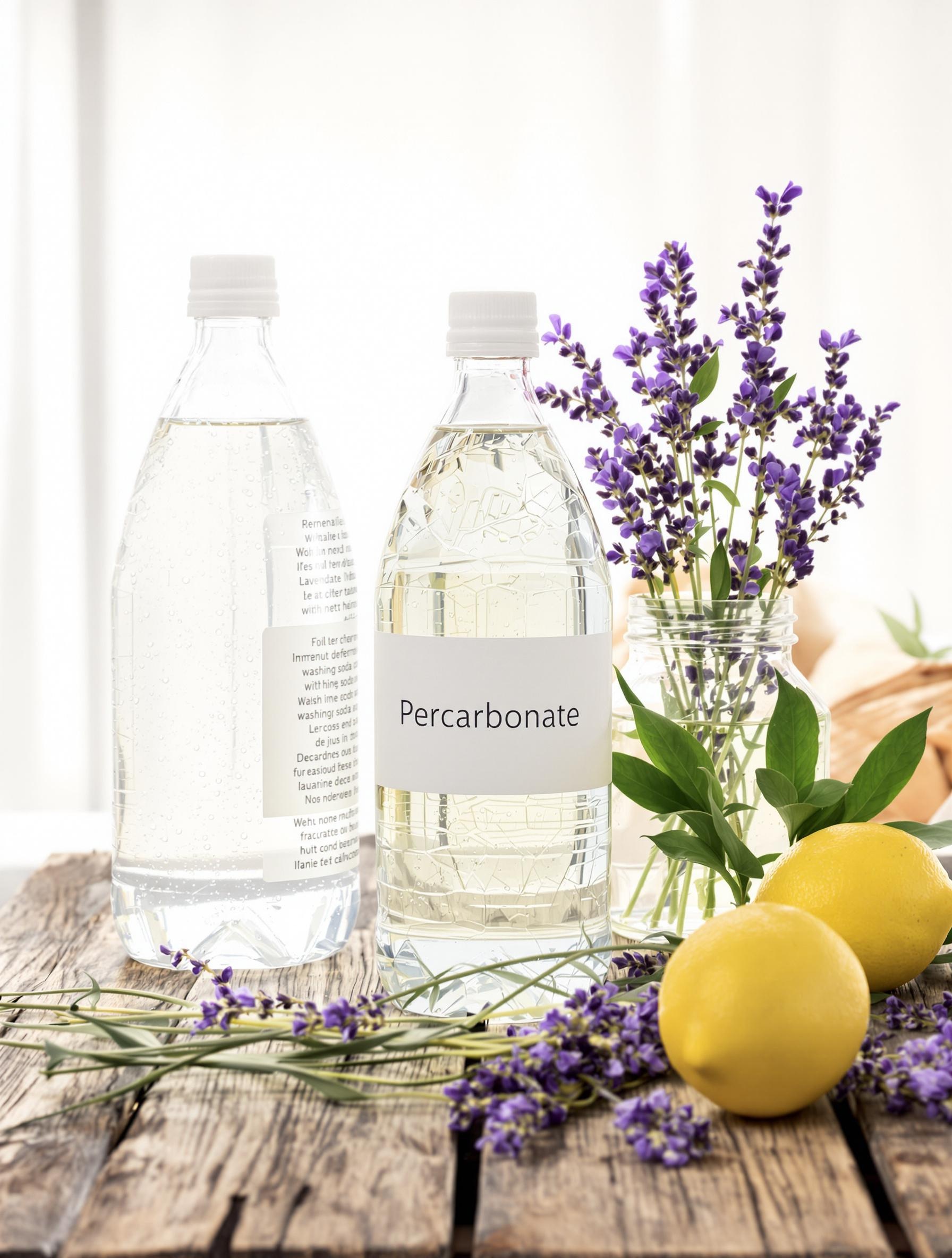 Trois bouteilles de lessive maison posées sur une table en bois : l'une translucide pour la recette sans cristaux de soude, l'autre avec une étiquette 'Percarbonate' et la dernière, décorée de branches de lavande et citrons, représentant la version parfumée.