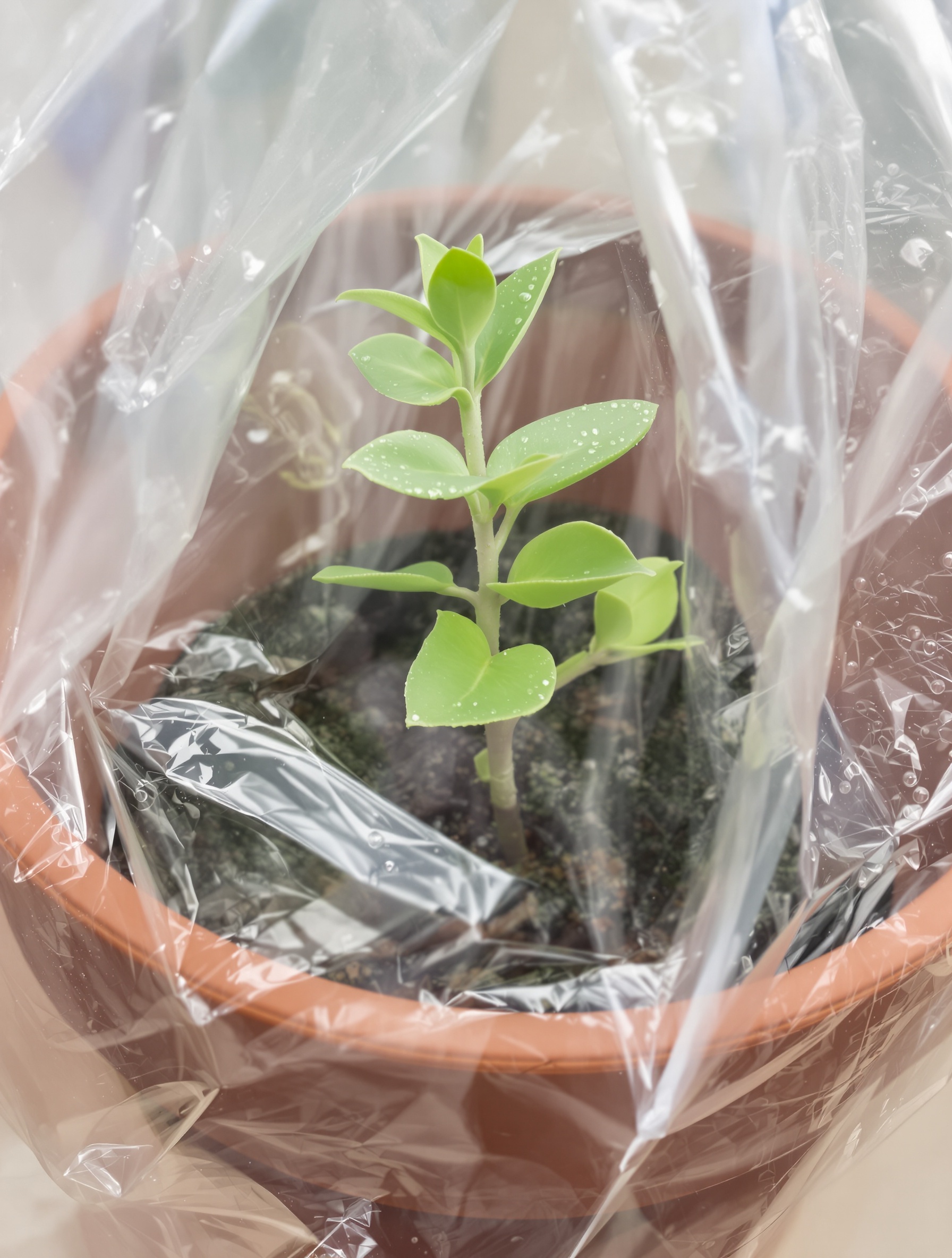 Jeune bouture d'eucalyptus réussie sous mini-serre artisanale avec condensation visible