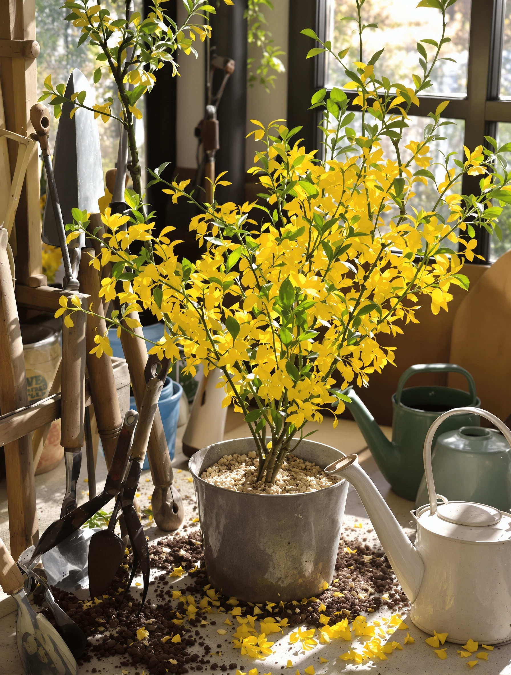 Des boutures de forsythia enracinées dans un terreau léger, prêtes à être plantées.