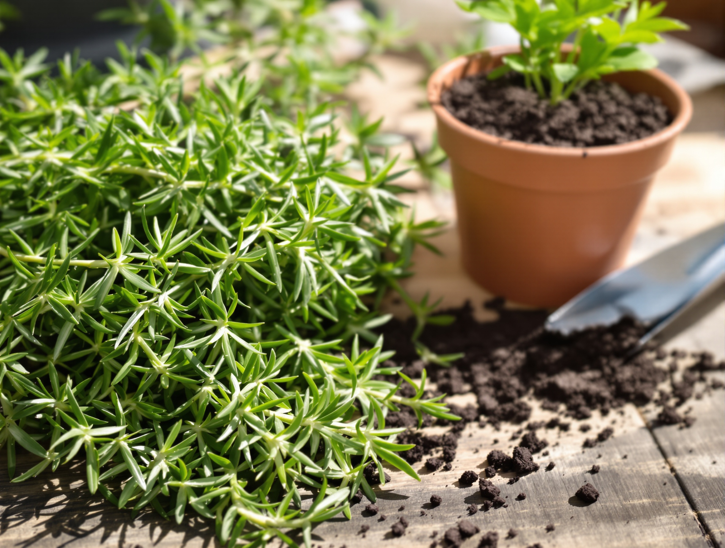 Boutures de romarin fraîchement coupées prêtes à être plantées dans un petit pot avec un terreau adapté, illustrant la réussite du bouturage après une taille.