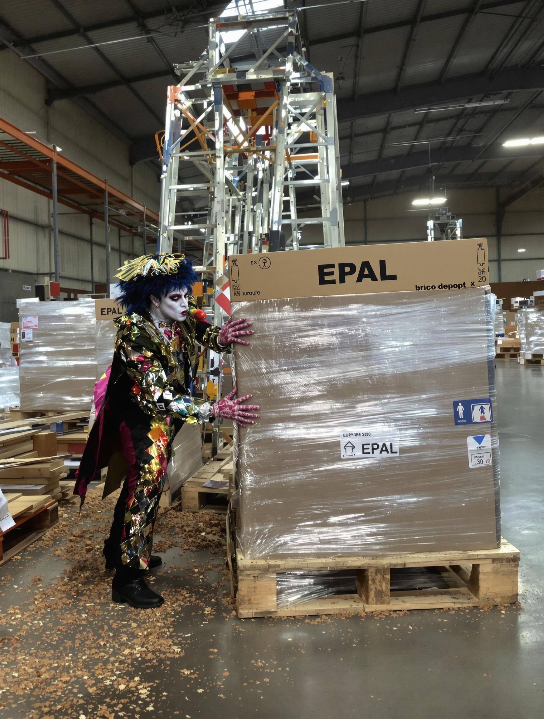 Personne flairant une palette EPAL dans un dépôt Brico Dépôt à l'aube