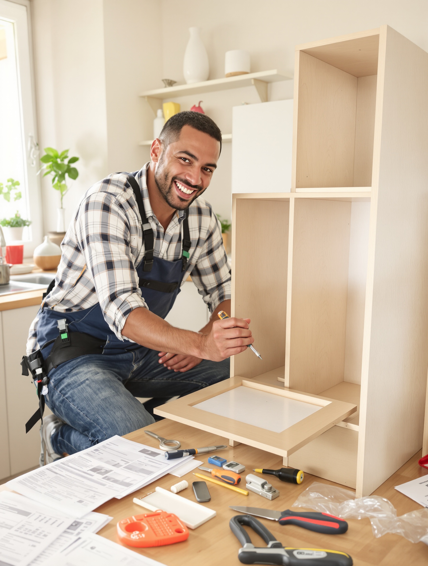Un bricoleur amateur souriant, en plein montage d'un meuble Hygena – DIY et fierté à la française.