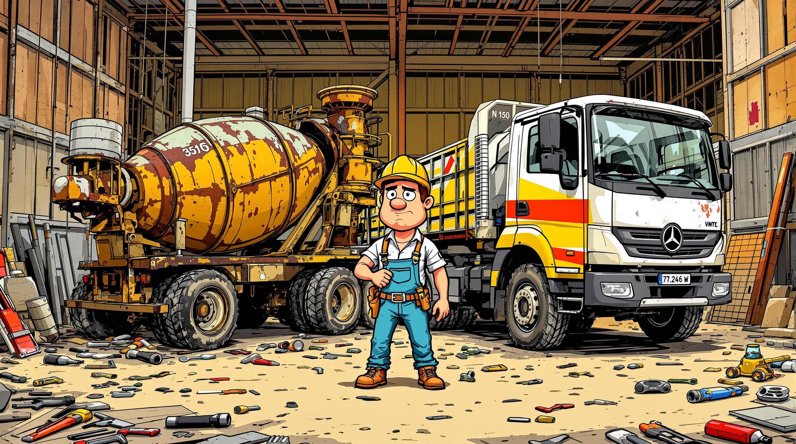bricoleur dubitatif entre bétonnière usée et camion toupie flambant neuf