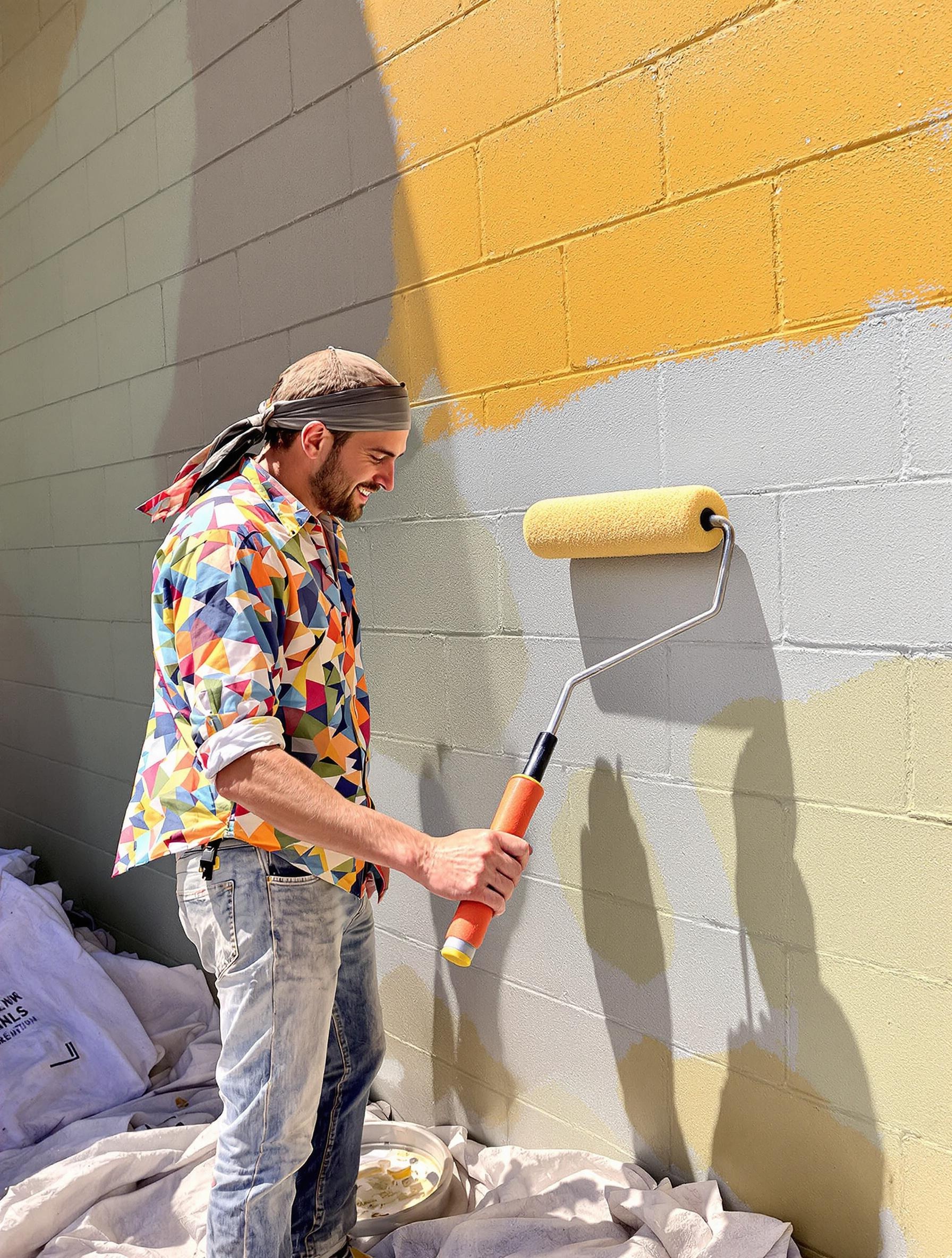 Peinture d'un mur extérieur en parpaings avec rouleau, bac et bâche de protection