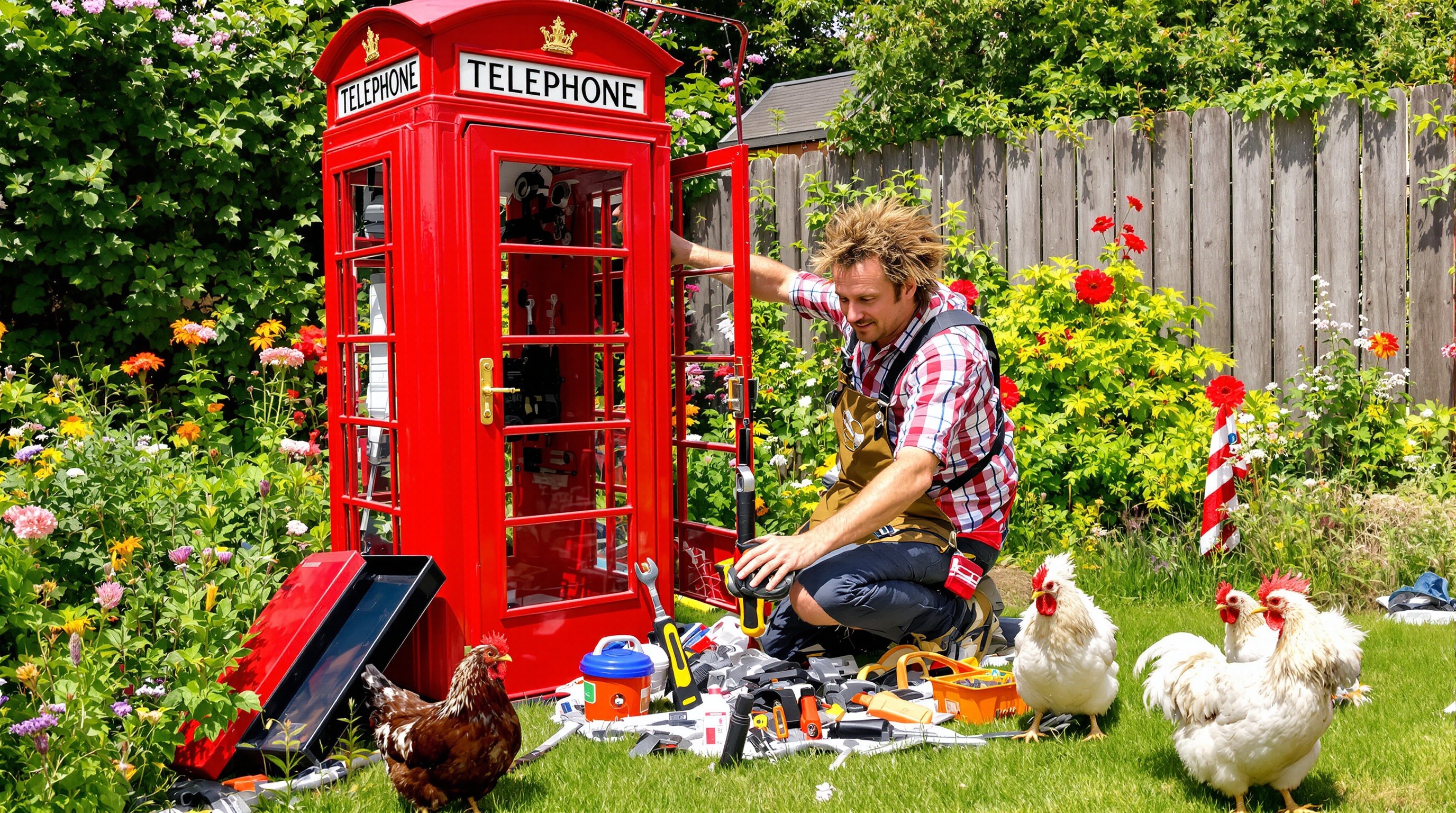 installation d'une cabine téléphonique rouge dans un jardin avec outillage et poules de Sussex