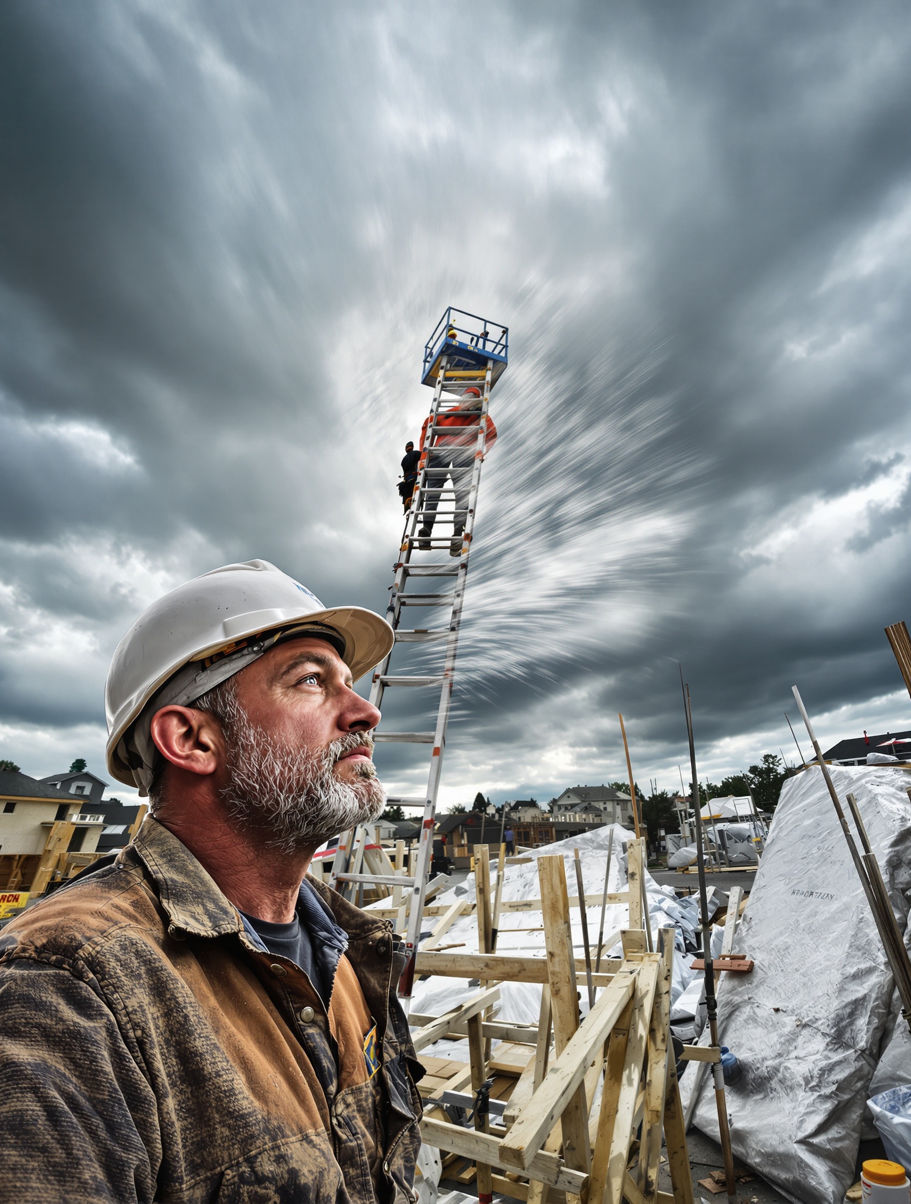 monte-tuiles secoué par rafale de vent bricoleur prudent