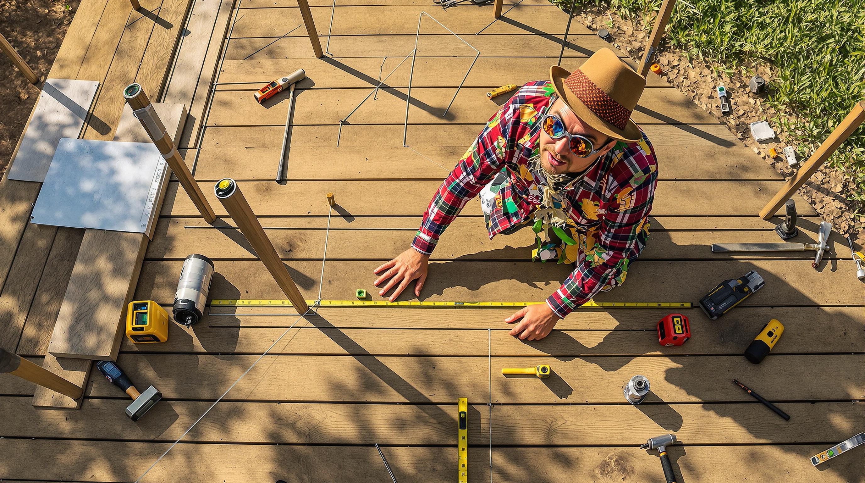 bricoleur excentrique trace plan terrasse bois sur sol naturel