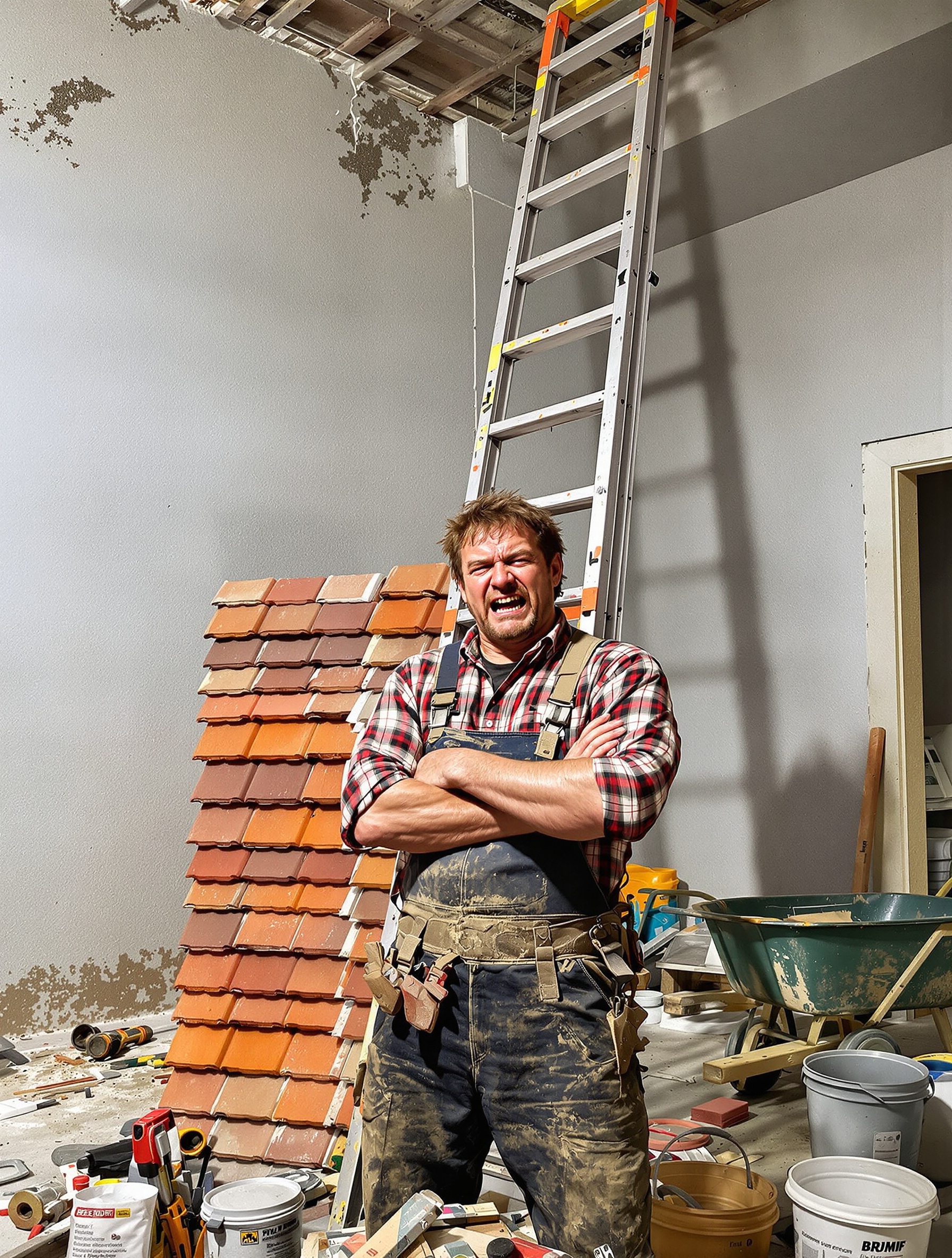 bricoleur fatigué dos monte-tuiles chantier tuiles