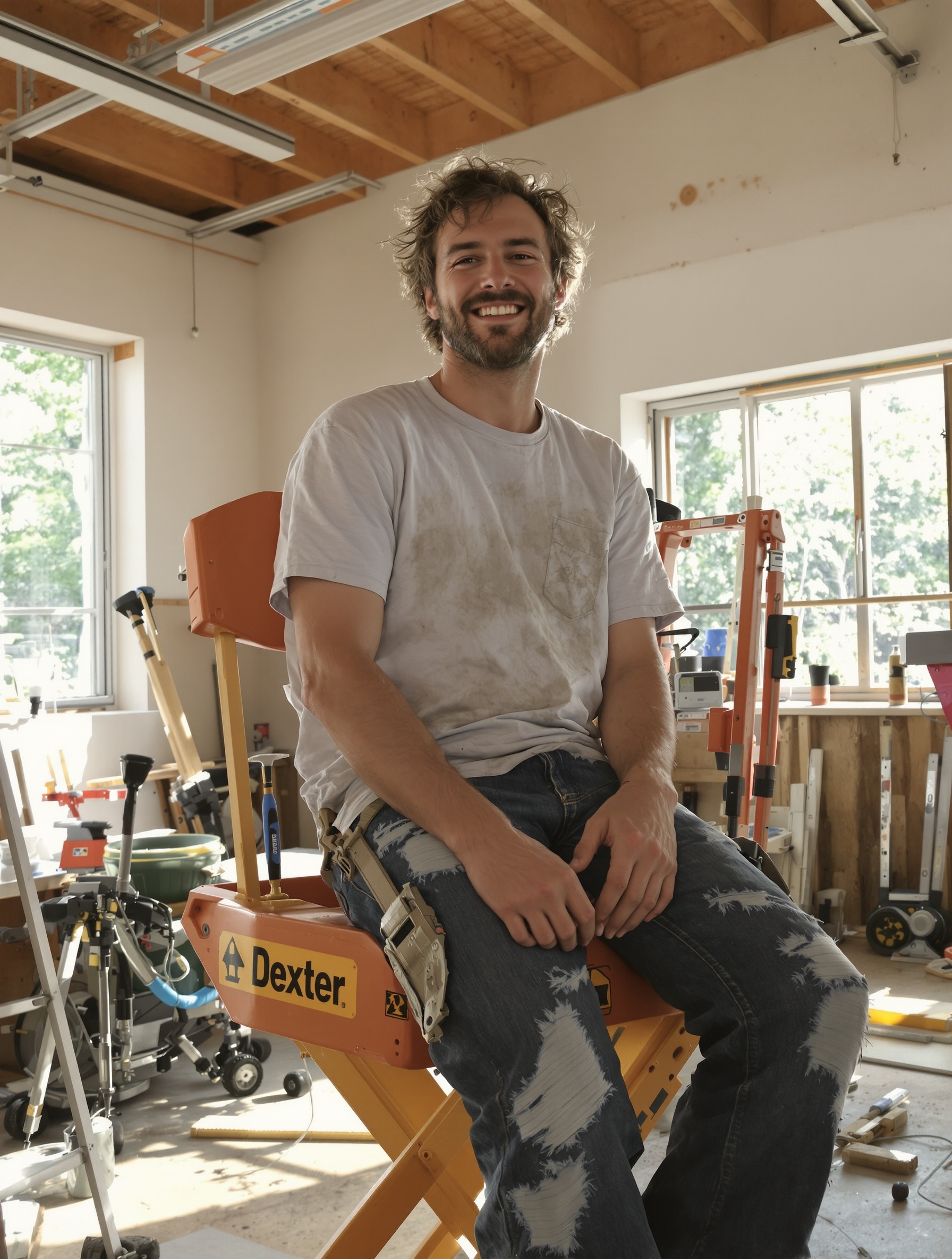 Bricoleur satisfait assis sur son lève-plaque Dexter après la pose