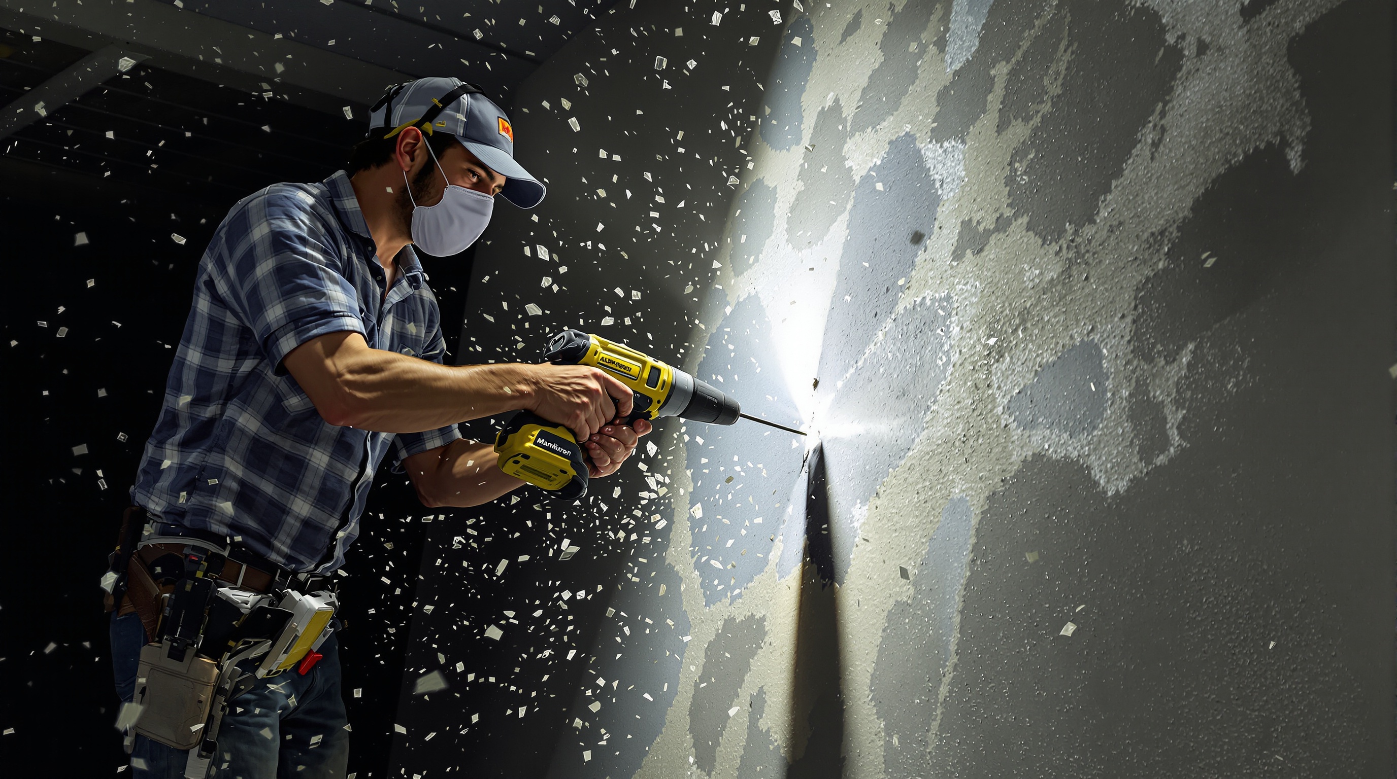 Bricoleur perçant fibrociment fibres amiante danger illustration réaliste