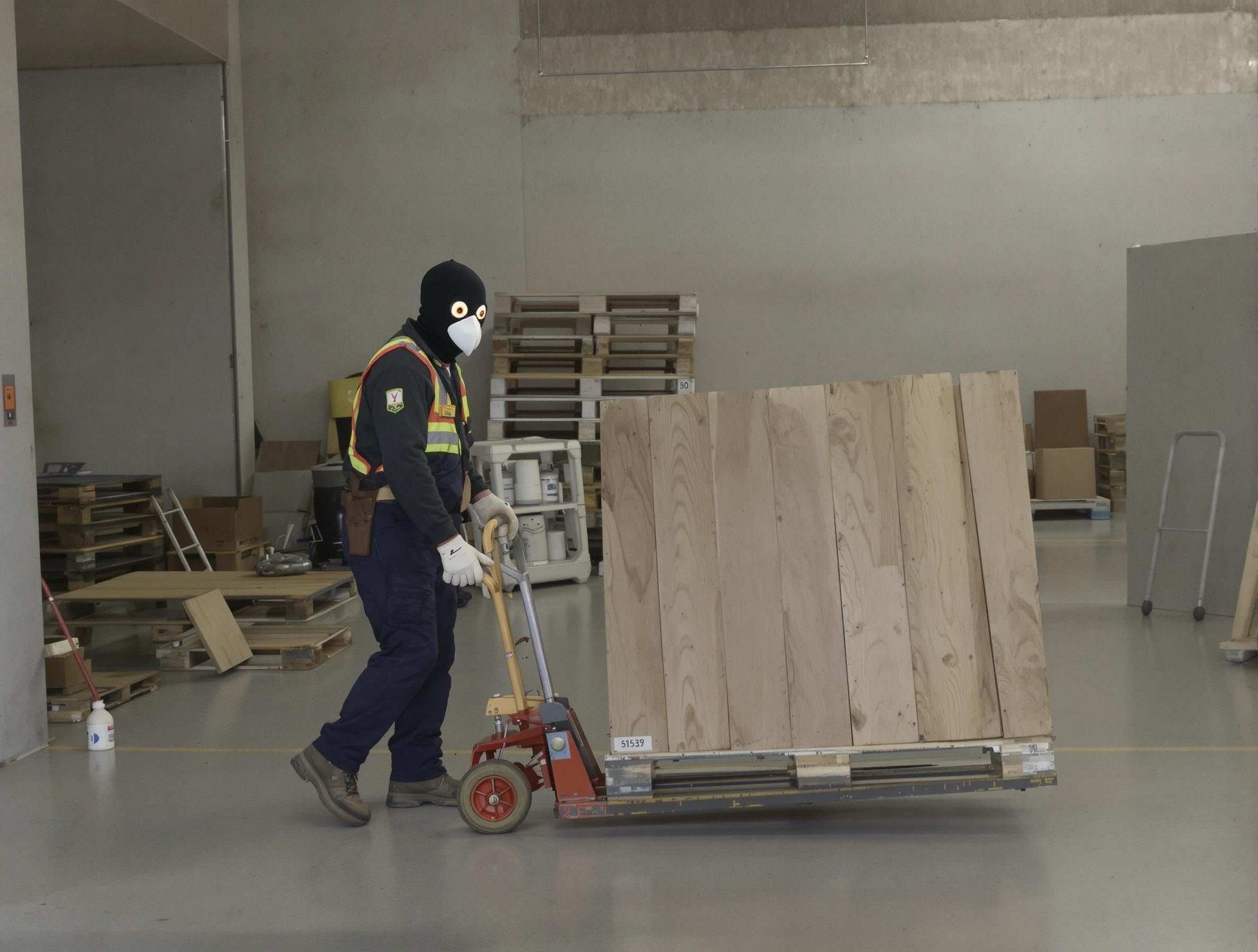 Personne déplaçant une palette EPAL avec un diable et des gants dans un dépôt