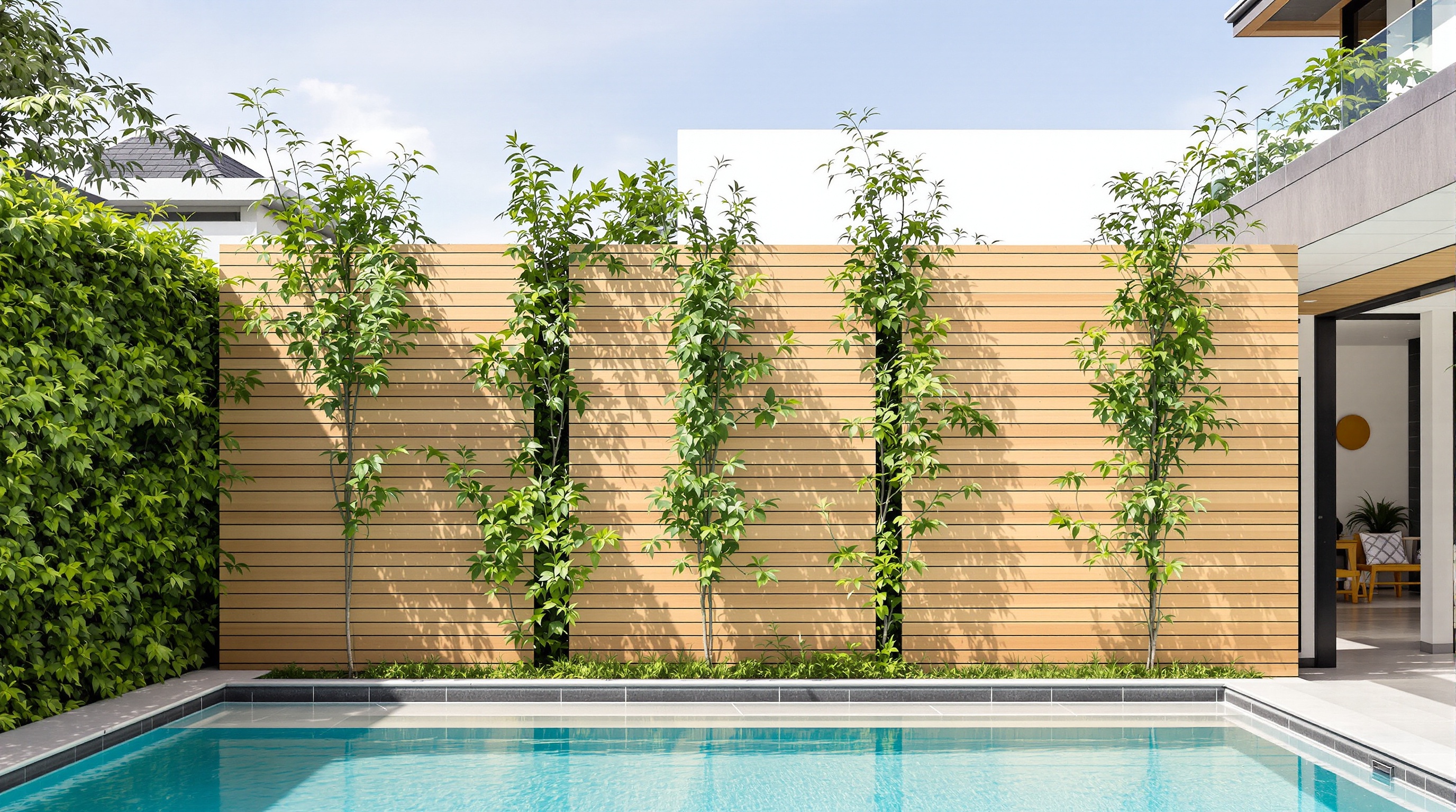 Brise-vue végétal élégant piscine – bambous Fargesia et panneaux bois modernes