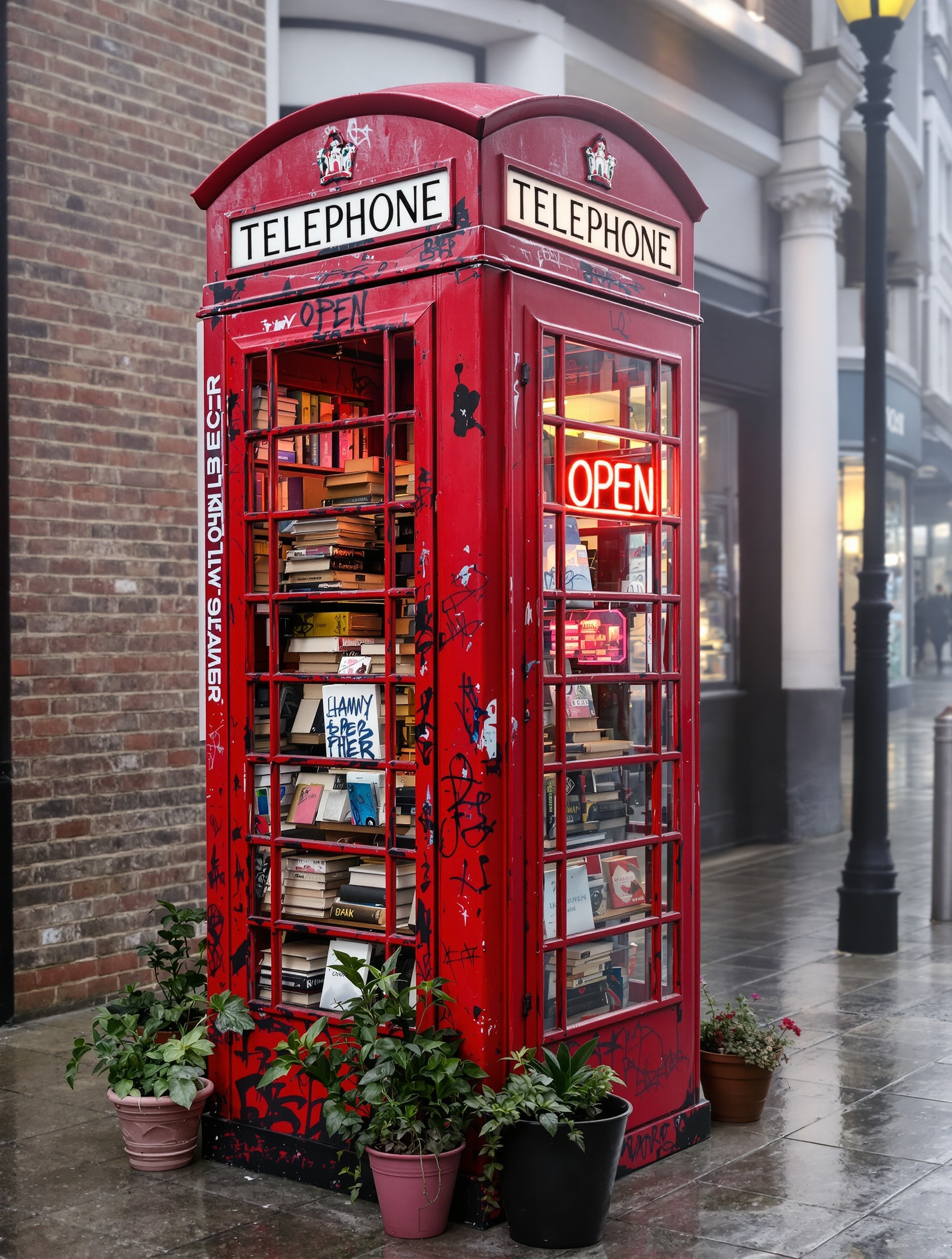Cabine téléphonique anglaise détournée : livres et micro-bar dans le brouillard londonien
