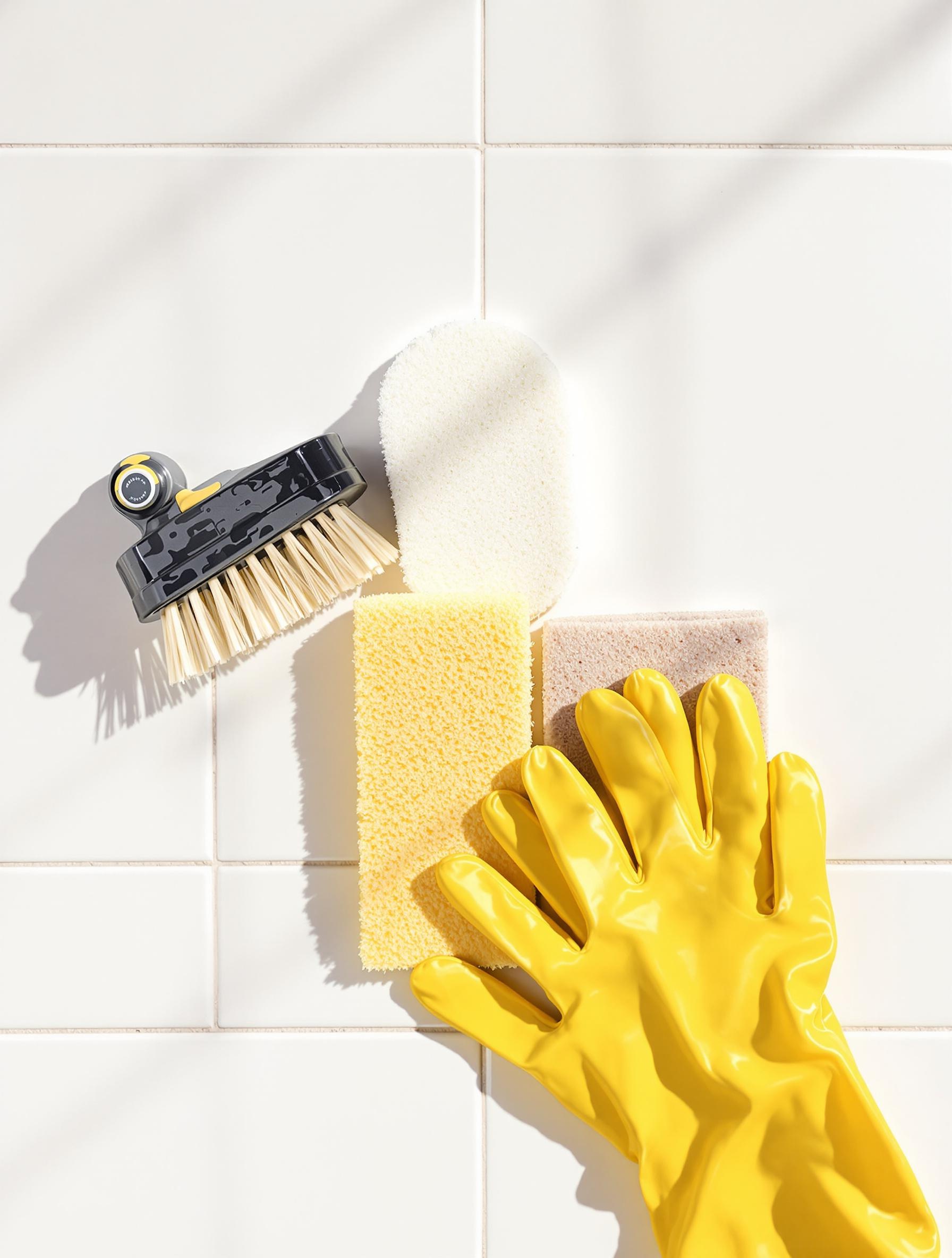 Matériel de nettoyage : brosse, éponge et gants sur carrelage blanc