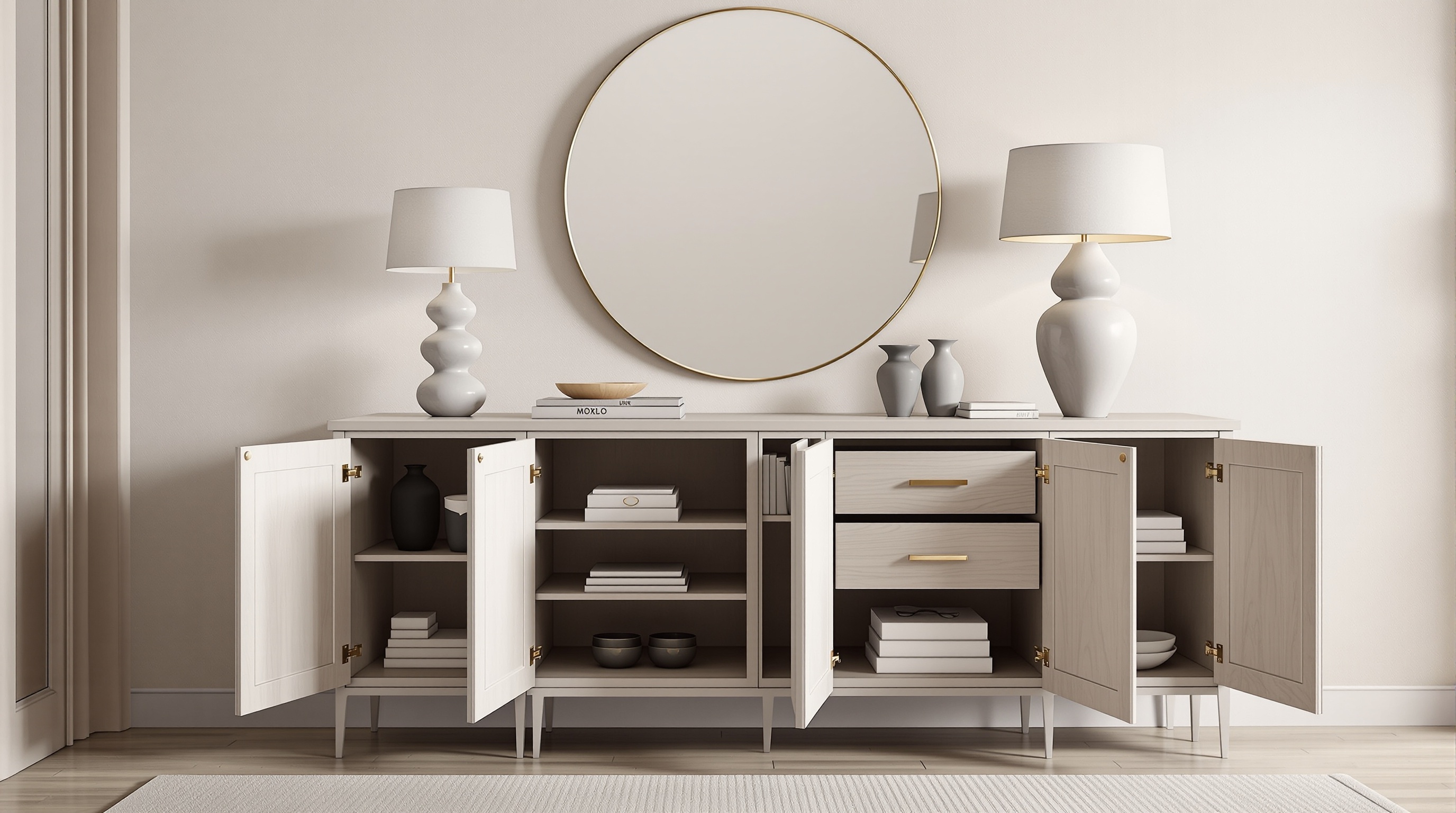 buffet contemporain rangement intérieur portes tiroirs niches déco sobre