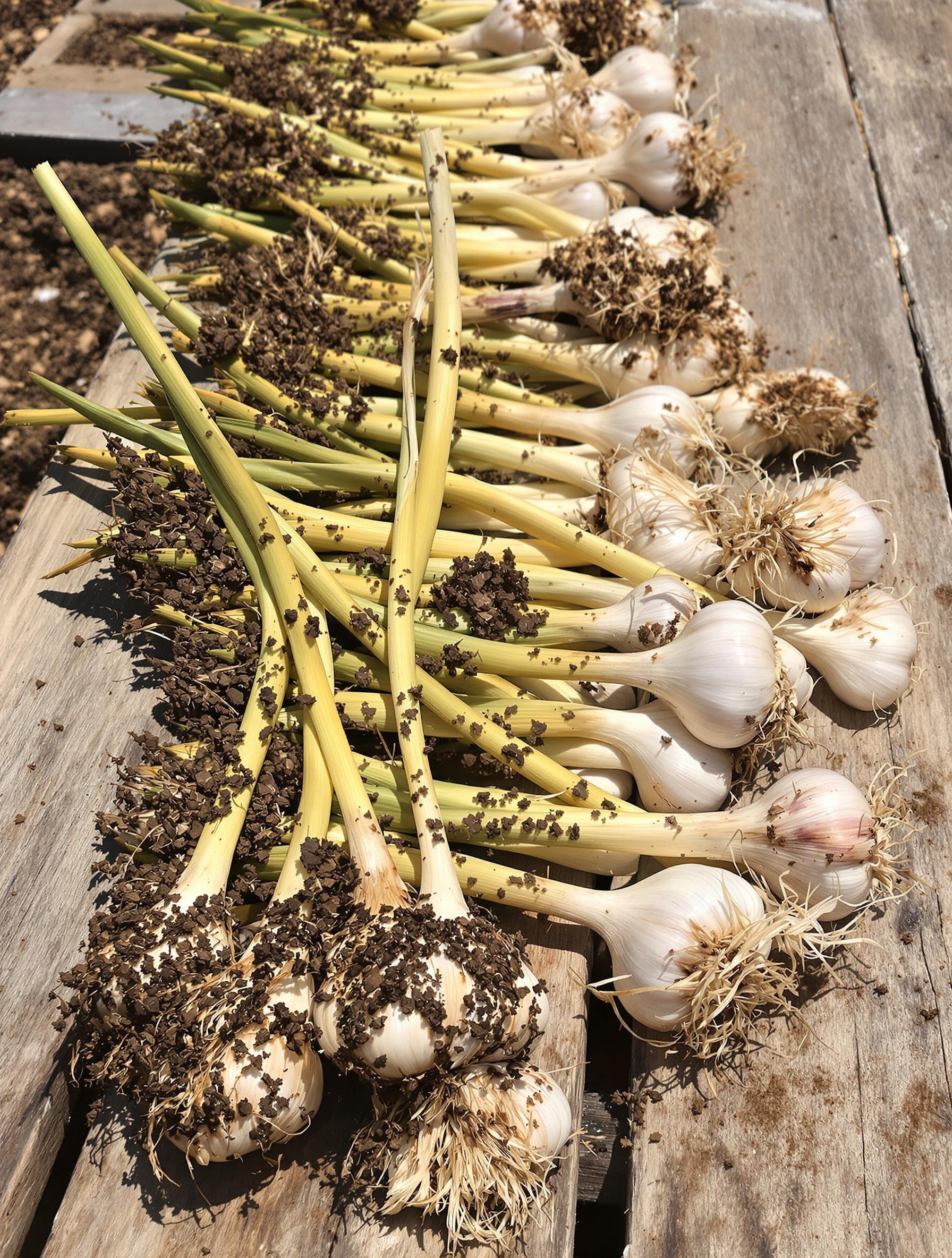 Bulbes d’ail Thermidrome fraîchement arrachés alignés sur une planche en bois sous le soleil d’été