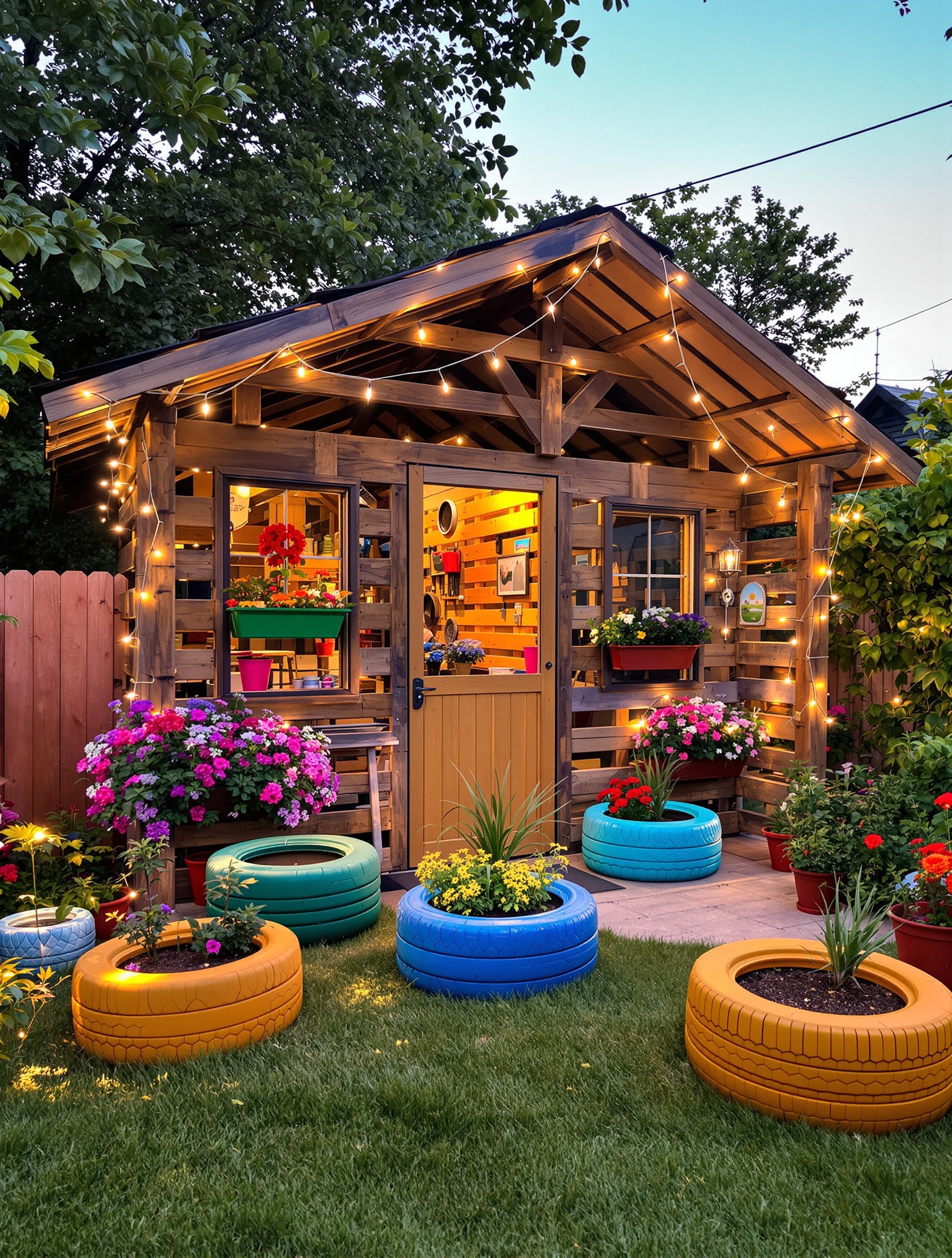 Cabane en palette décorée extérieurement avec guirlandes, fleurs et objets recyclés pour enfants