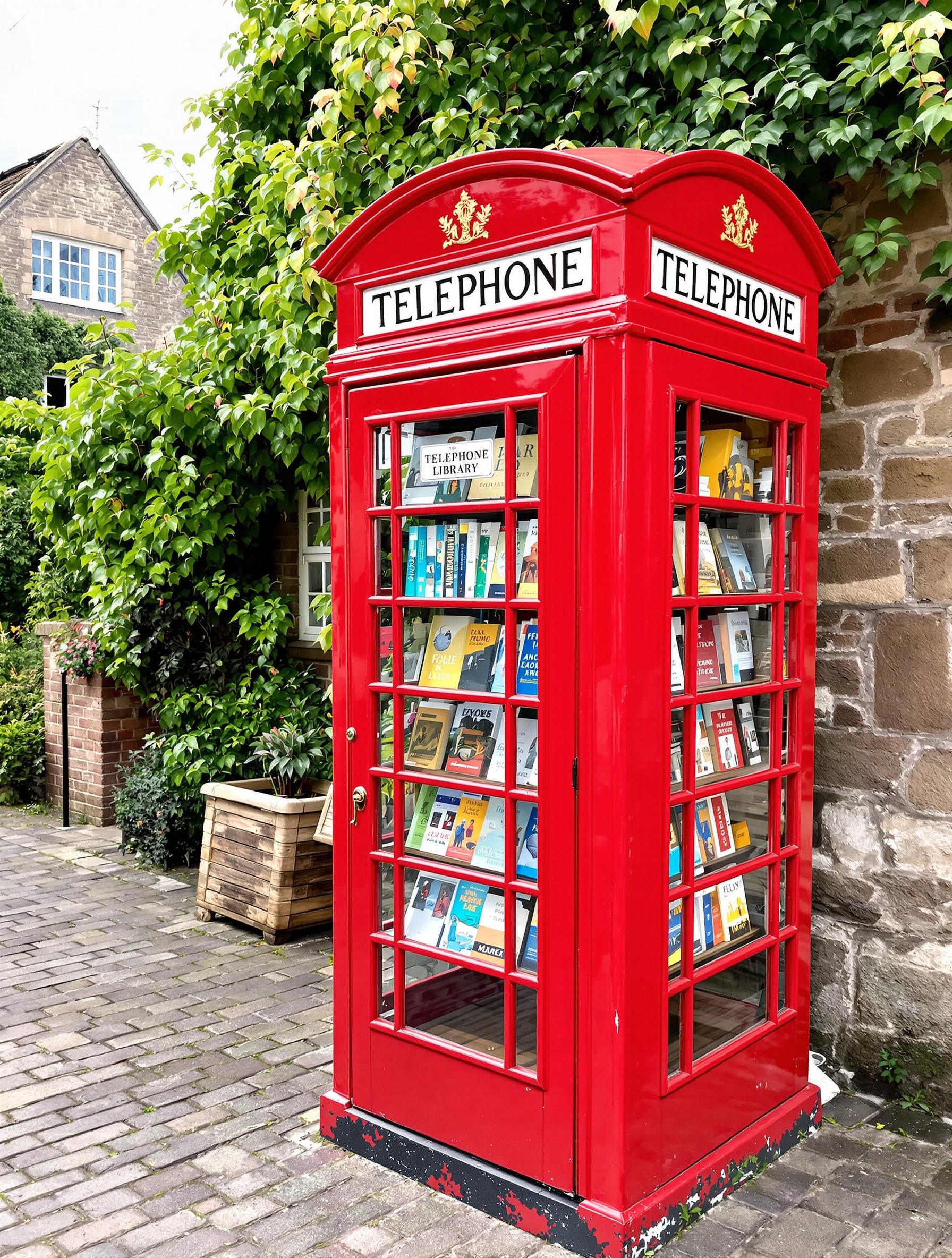 Cabine téléphonique rouge transformée en mini-bibliothèque de rue avec livres colorés dans un village britannique pittoresque