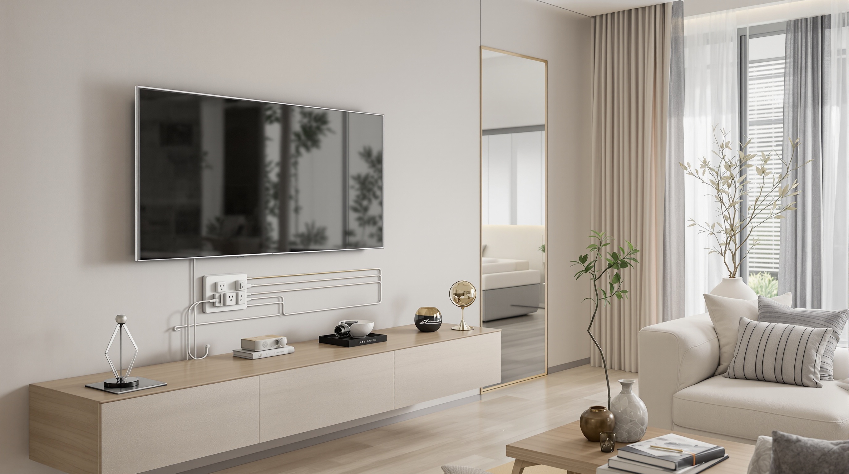 Exemple de cache-fil électrique design intégré dans un salon moderne pour masquer un amas de câbles derrière une télévision.