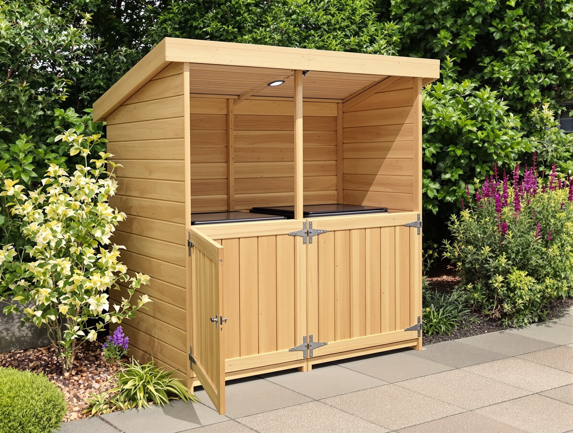 Cache-poubelle double bois élégant intégré à une allée de jardin, ouvertures pratiques portes et couvercle.