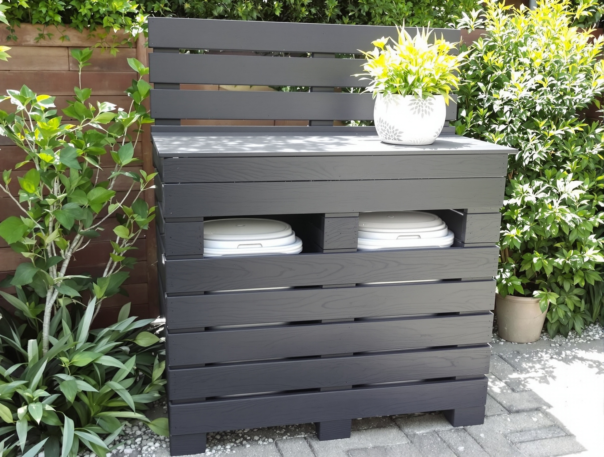 Cache-poubelle extérieur DIY en palettes peint gris anthracite avec déco florale.