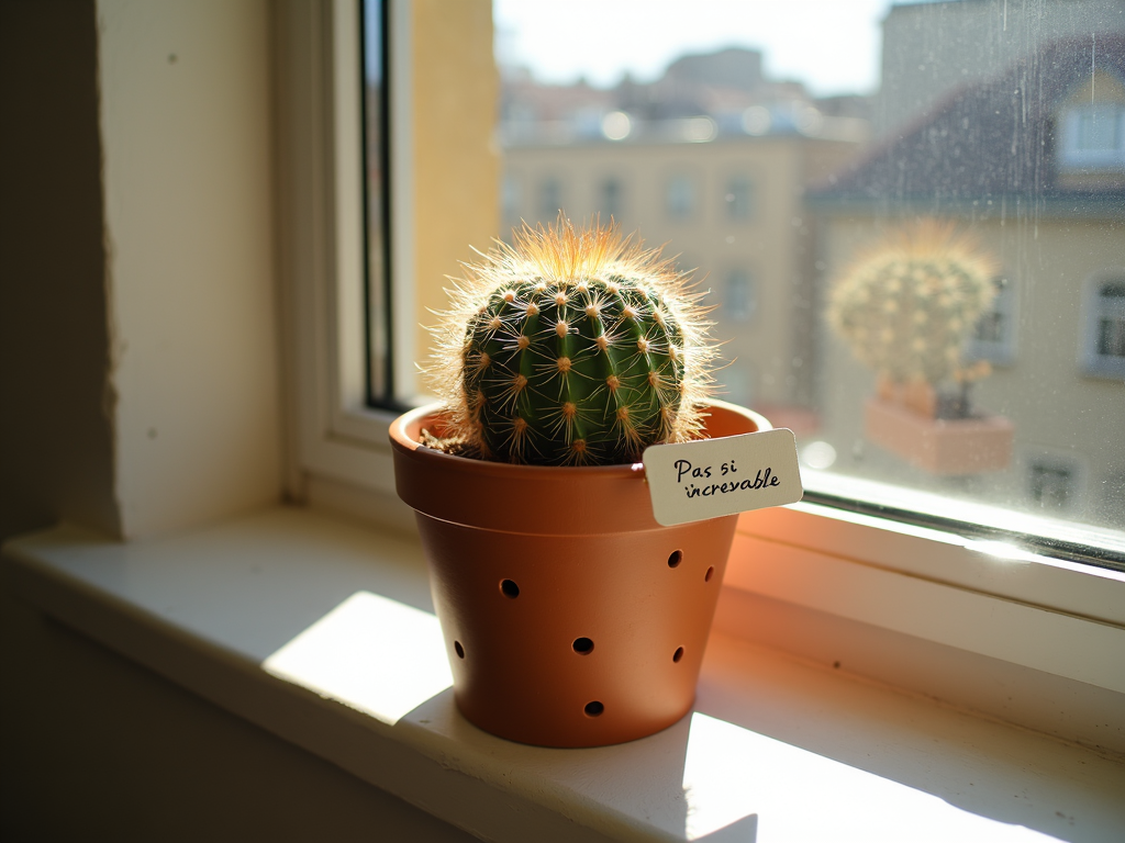 Cactus Mammillaria en plein soleil avec une étiquette ‘Pas si increvable’